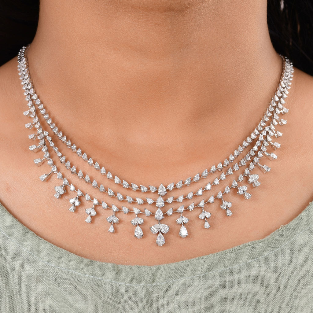 9.42 Carat Fine Gold Pear Shaped Diamond Layered Charm Bridesmaid Necklace