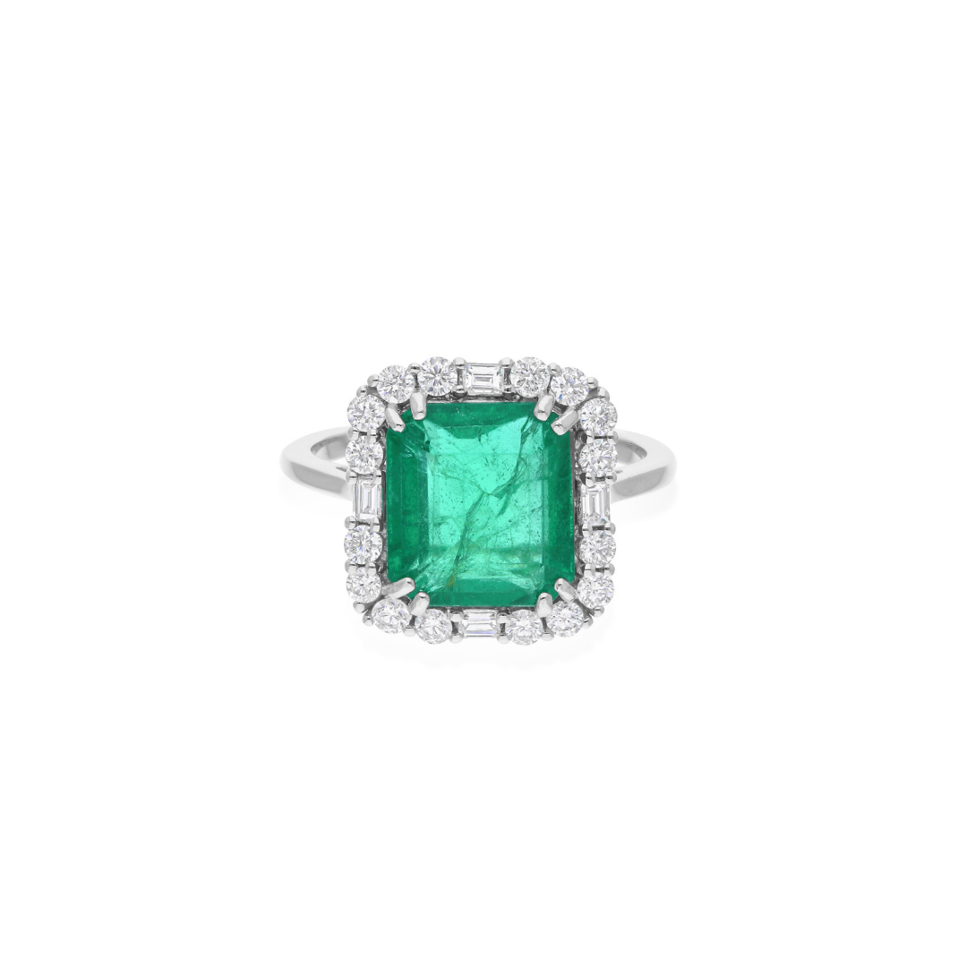 Real Gold 4.92Tcw Zambian Emerald Natural Diamond Promise Wedding Halo Ring