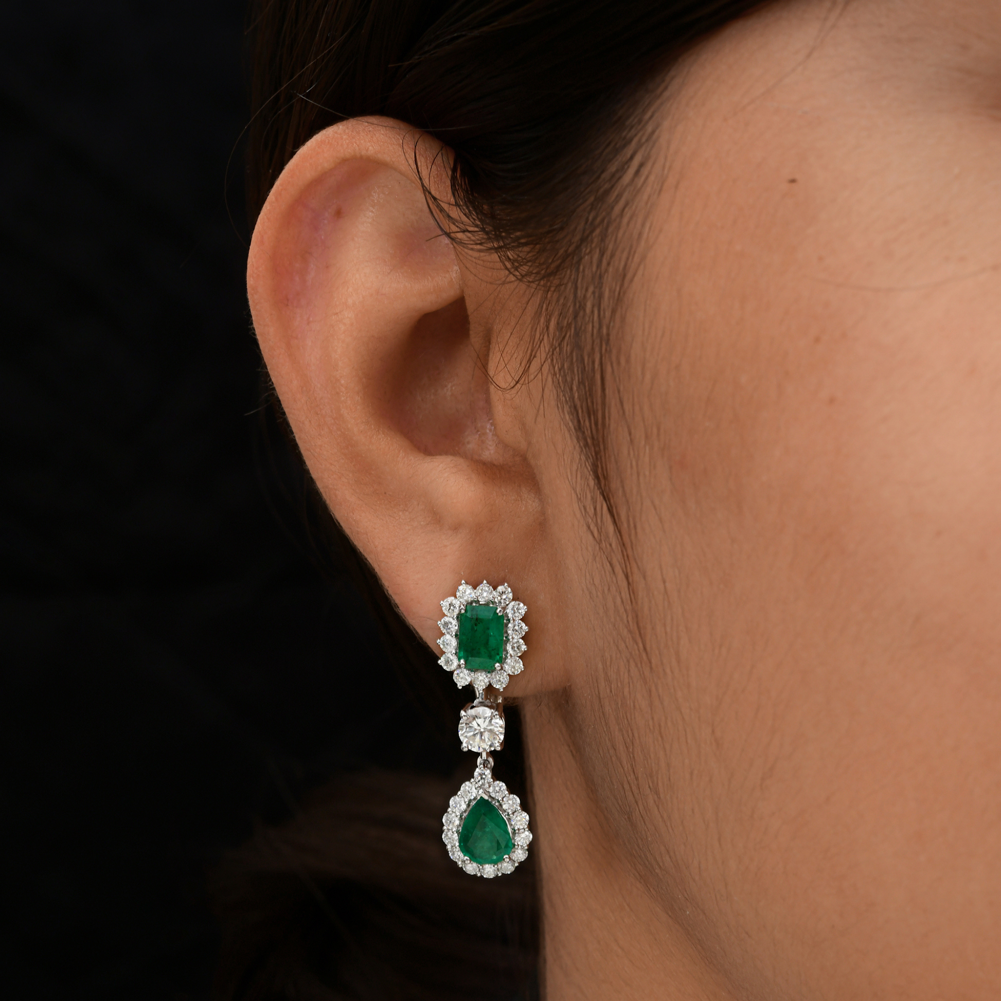 Three Stone 3.05Ct Zambian Emerald Drop Halo Diamond Dangle Drop Earrings