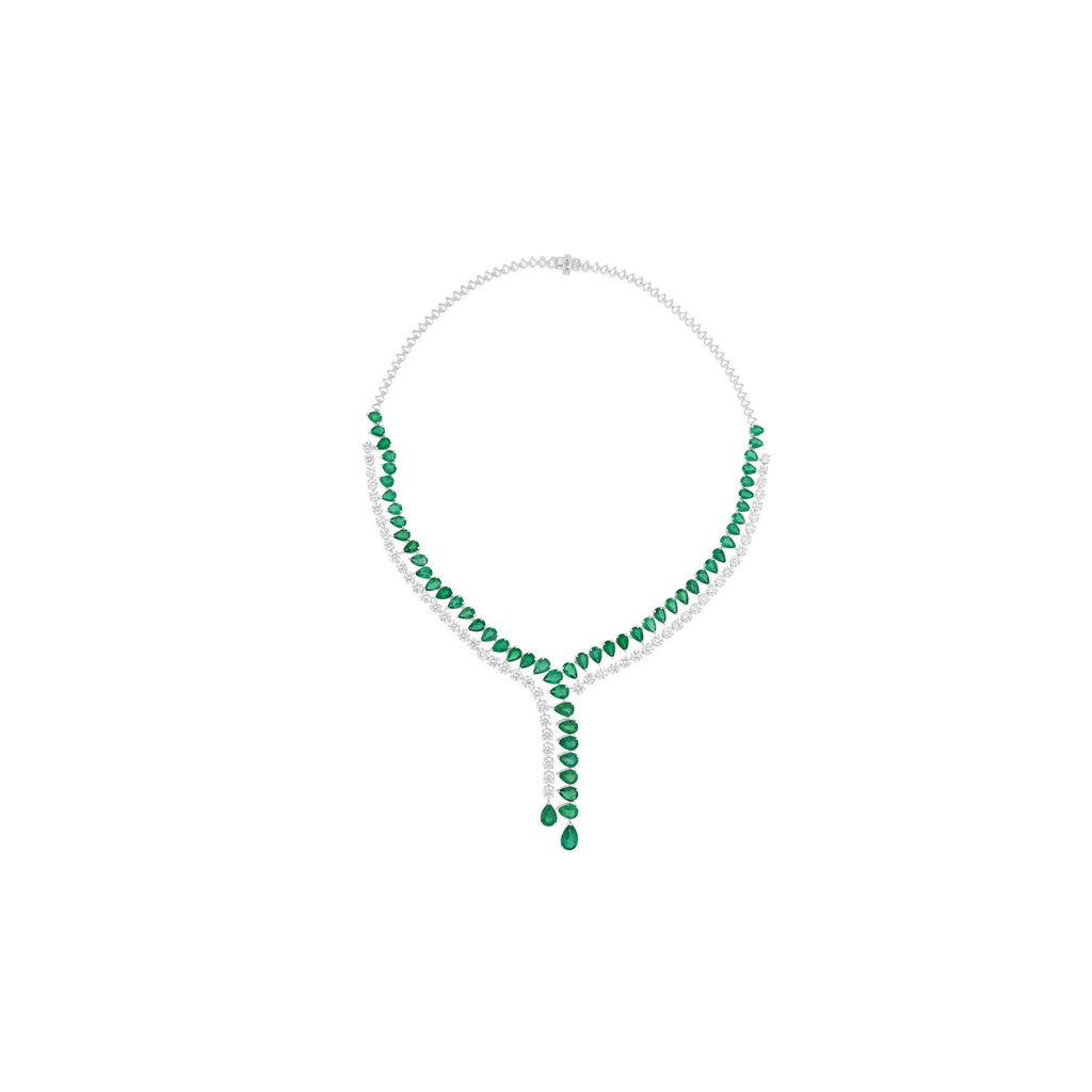 34.38 Tcw Pear Cut Zambian Emerald Round Diamond Lariat Necklace in 18k Fine Gold