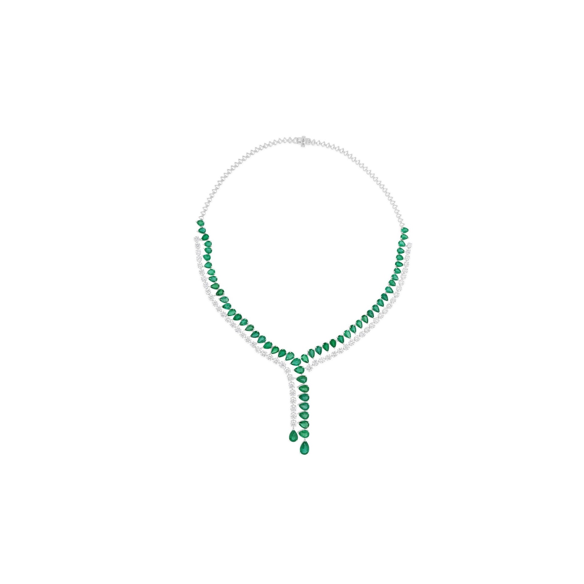 34.38 Tcw Pear Cut Zambian Emerald Round Diamond Lariat Necklace in 18k Fine Gold
