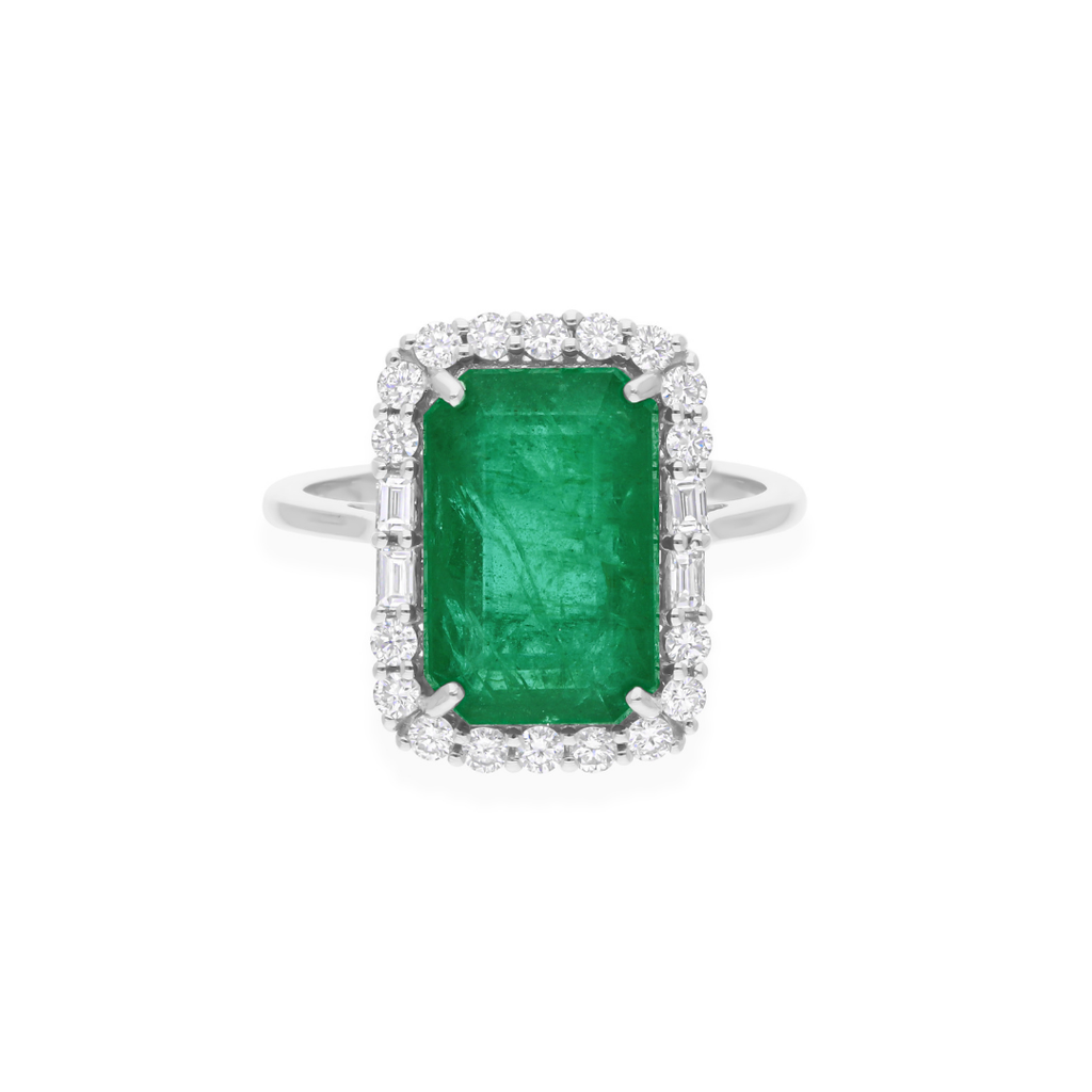 5.85 Tcw Octagon Cut Zambian Emerald Gemstone Diamond Halo Wedding Ring