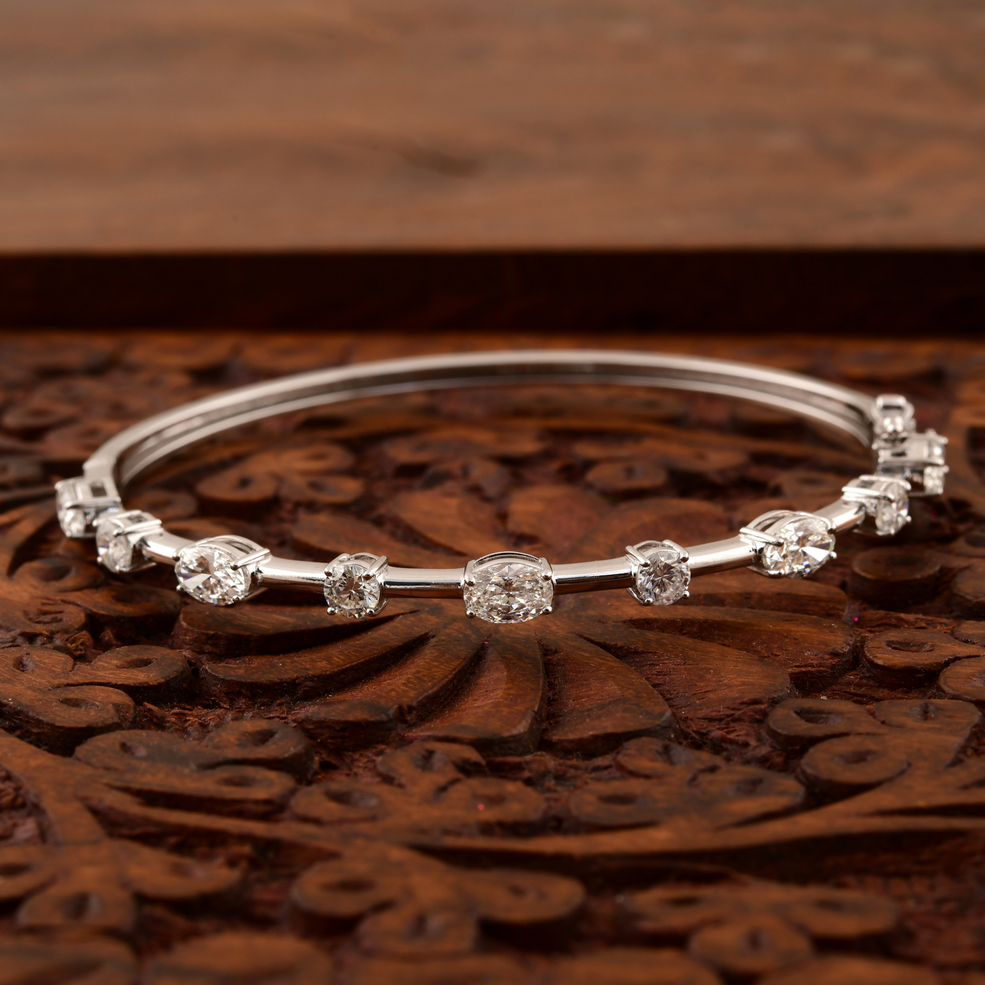 Oval and Round Prong Setting Natural Diamond Gold Station Bangle Bracelet