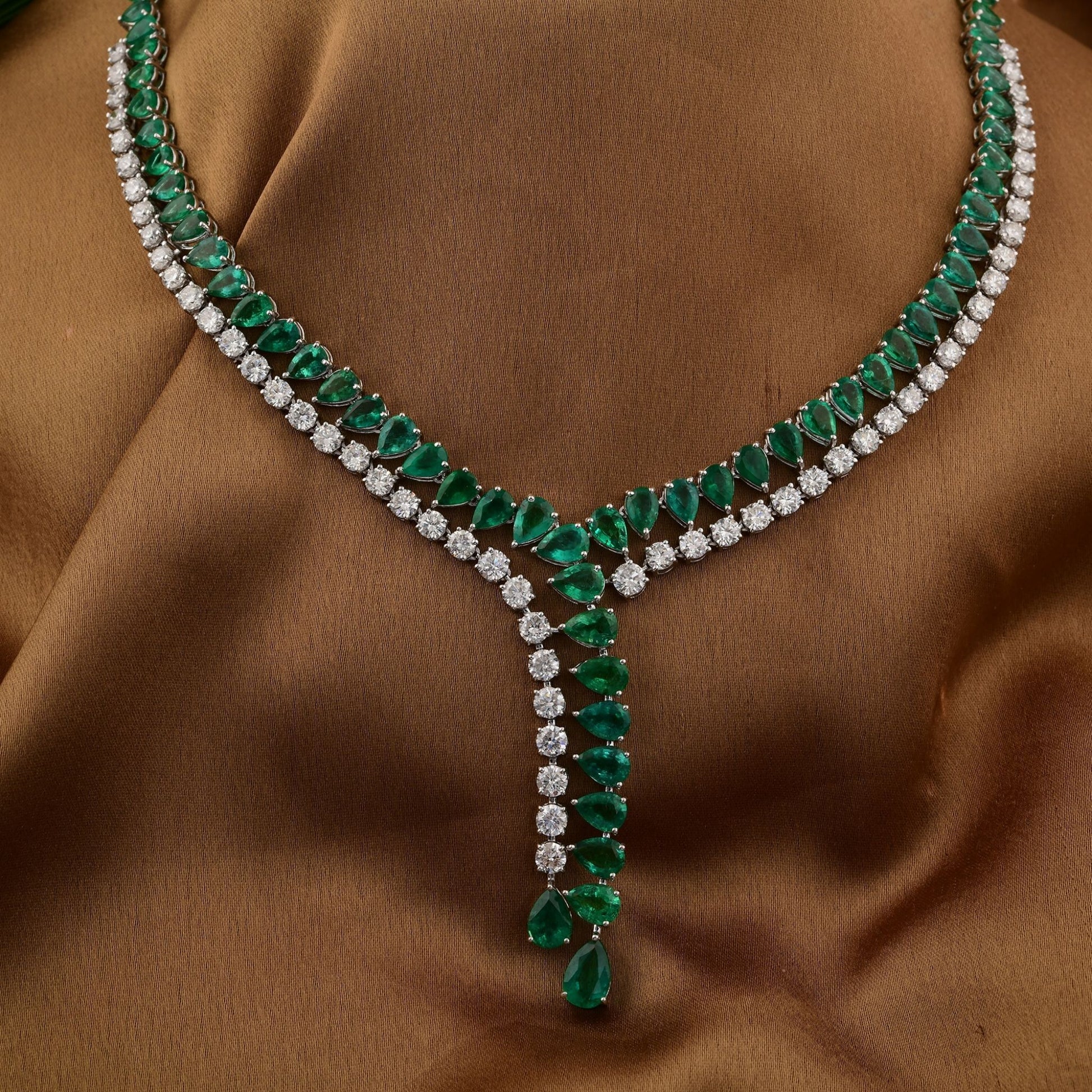 34.38 Tcw Pear Cut Zambian Emerald Round Diamond Lariat Necklace in 18k Fine Gold