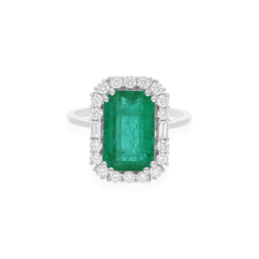 5.22 Tcw Gold Baguette & Round Diamond Zambian Emerald Cocktail Halo Ring