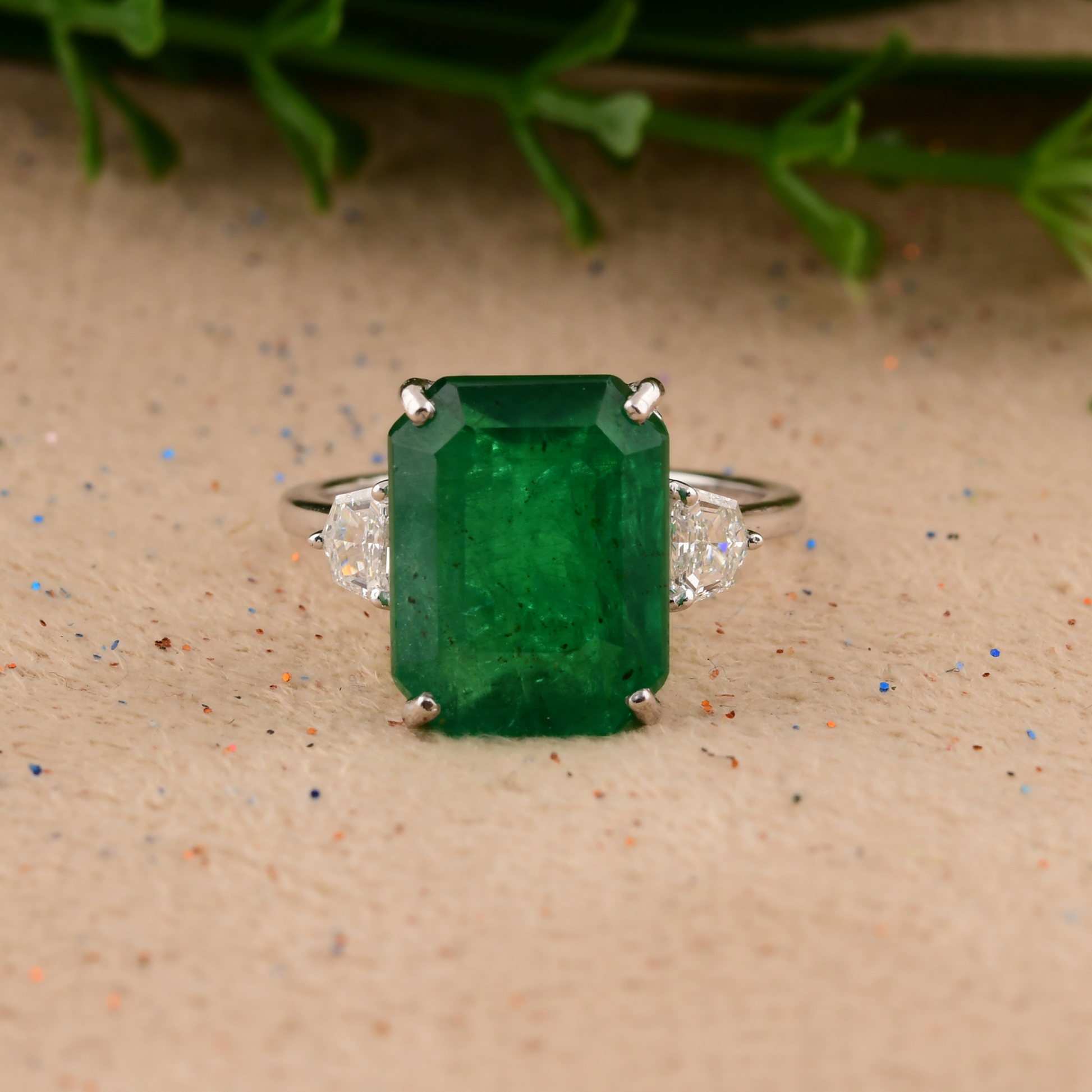 7.80 Tcw Large Zambian Emerald with Real Diamond Three Stone Gold Ring