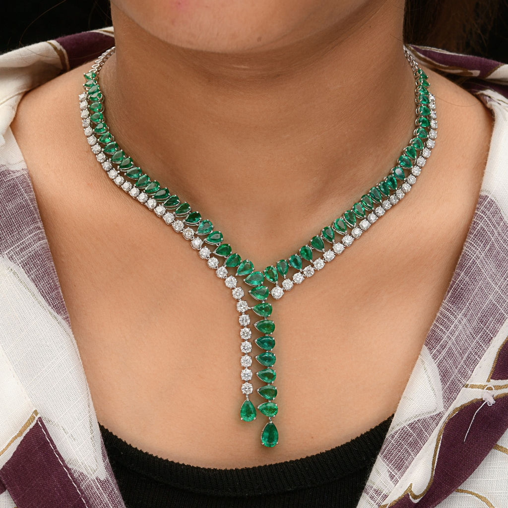 34.38 Tcw Pear Cut Zambian Emerald Round Diamond Lariat Necklace in 18k Fine Gold