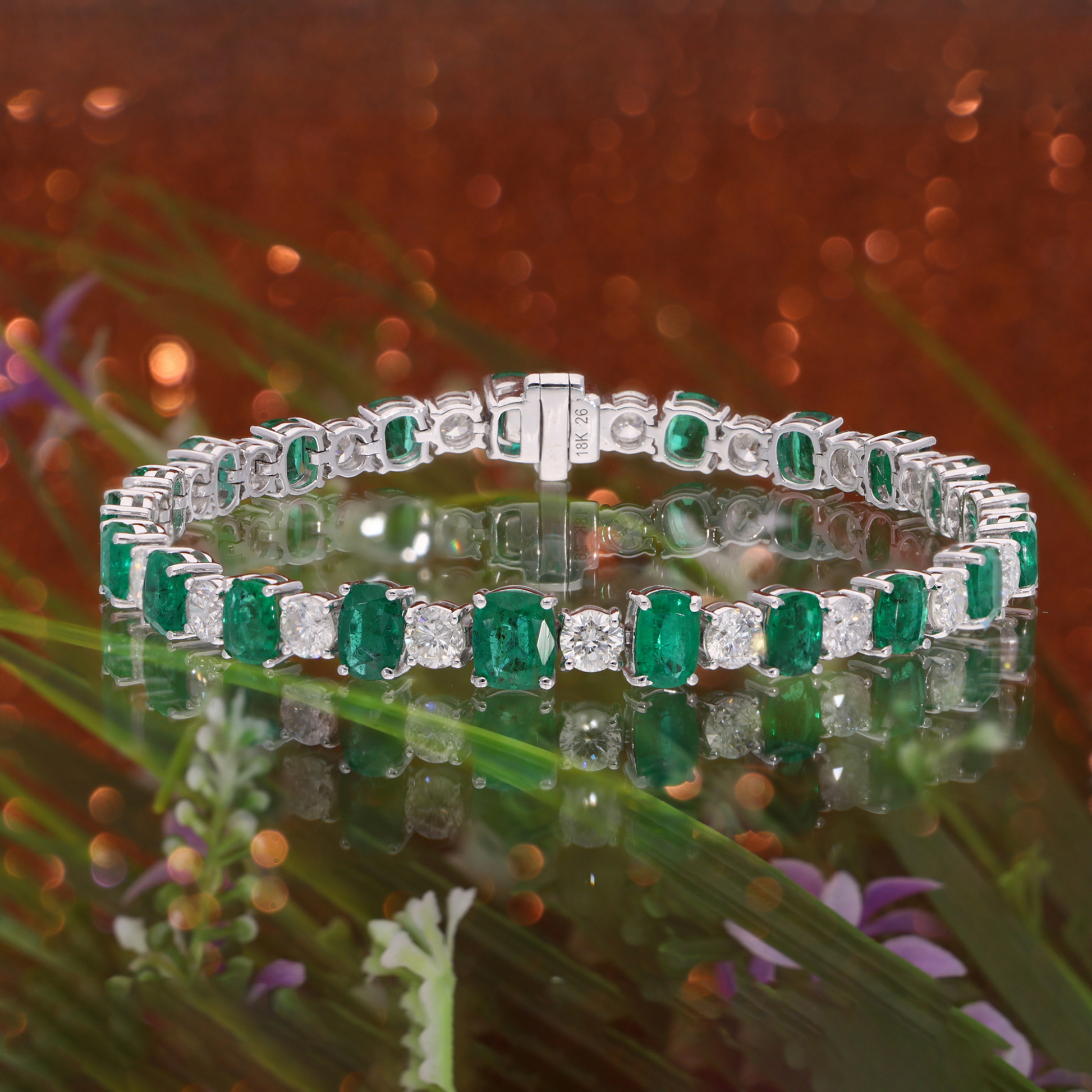 13.68 Tcw Natural Zambian Emerald SI/HI Diamond Tennis Gold Bracelet