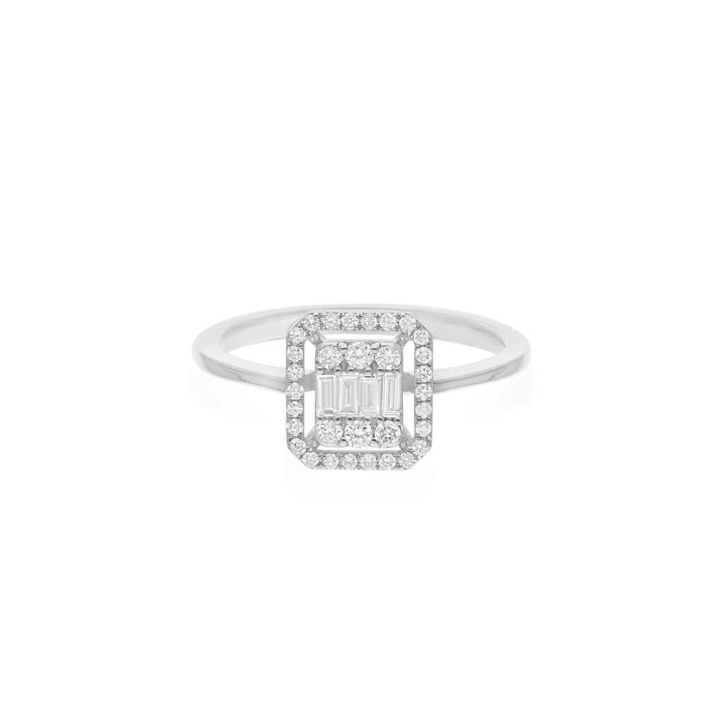 Gold Round & Baguette Cut Pave Diamond Engagement Ring For Women