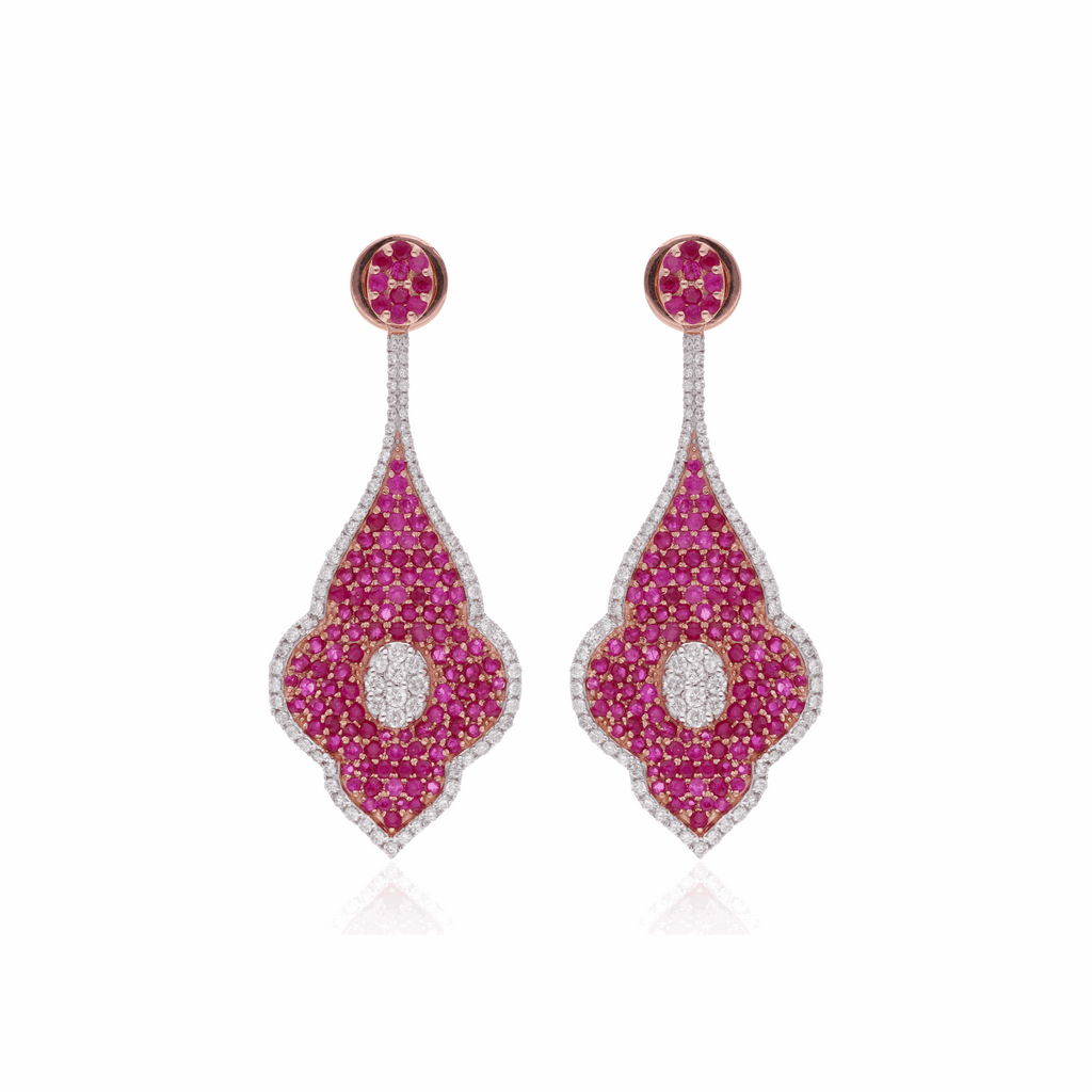 18K Gold Pave SI/H Diamond Ruby Gemstone Leaf Dangle Earrings