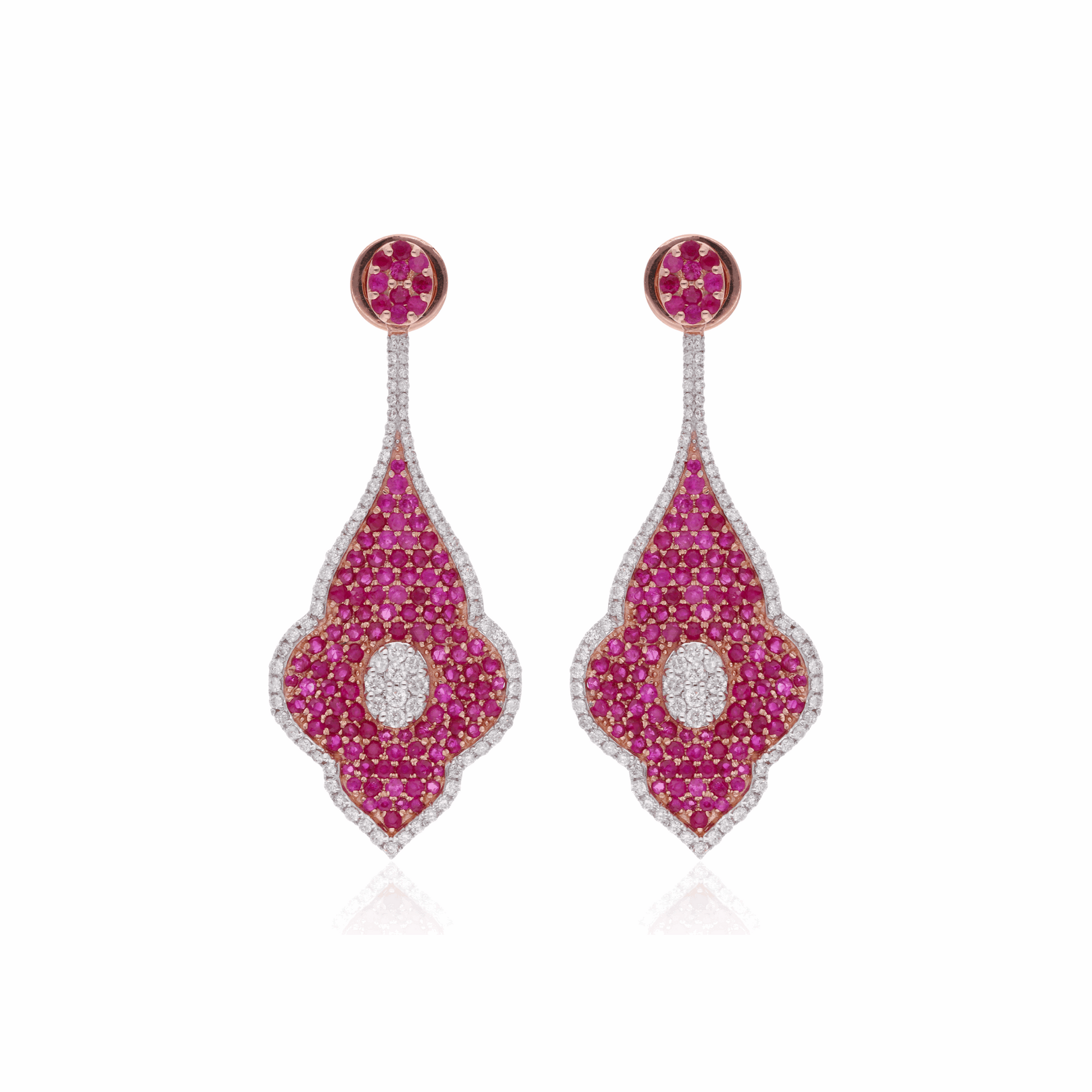 18K Gold Pave SI/H Diamond Ruby Gemstone Leaf Dangle Earrings