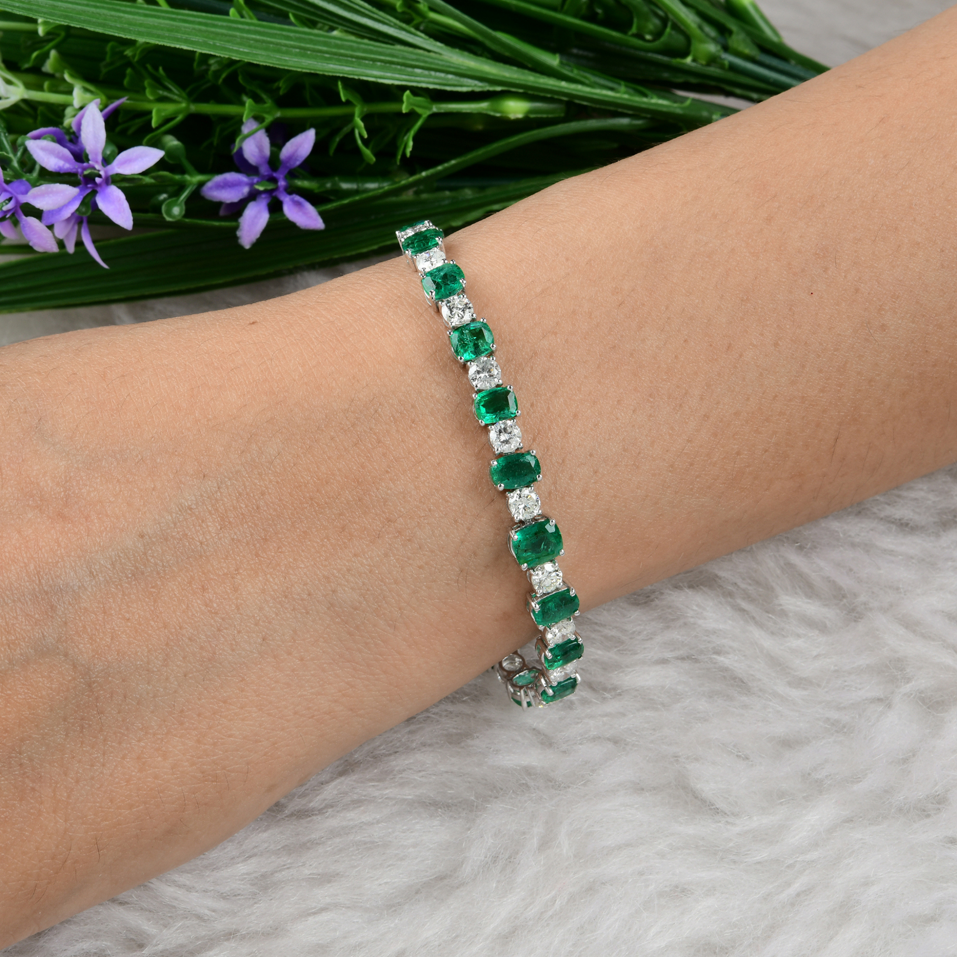 13.68 Tcw Natural Zambian Emerald SI/HI Diamond Tennis Gold Bracelet