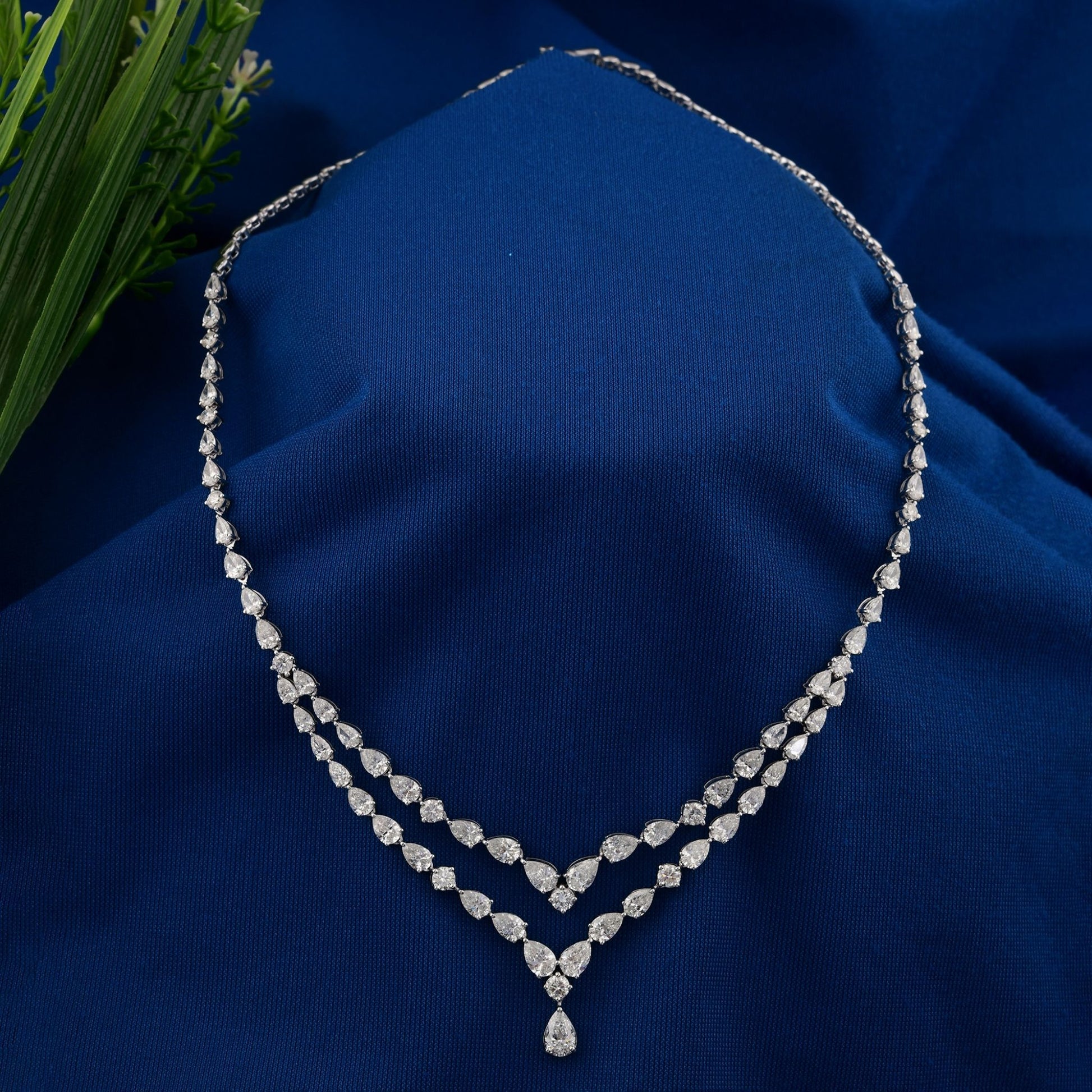 Statement 13.14 Ct Real H/SI Pear Round Diamond Layered Necklace 18k Gold Jewelry