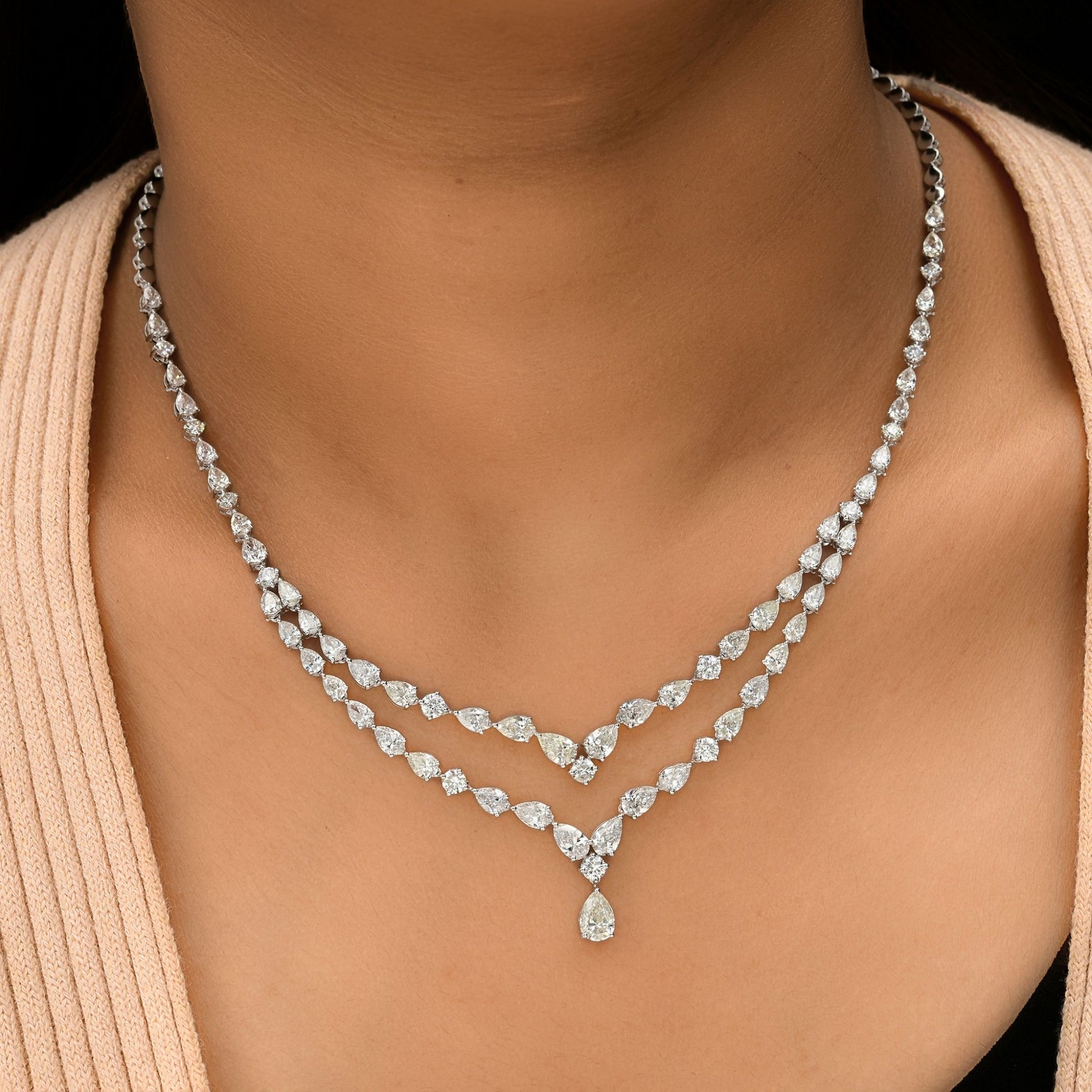 Statement 13.14 Ct Real H/SI Pear Round Diamond Layered Necklace 18k Gold Jewelry
