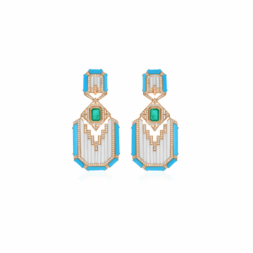 20.45 Ct. Tcw Emerald & Turquoise Natural Diamond Drop Dangle Earrings in 18K Gold