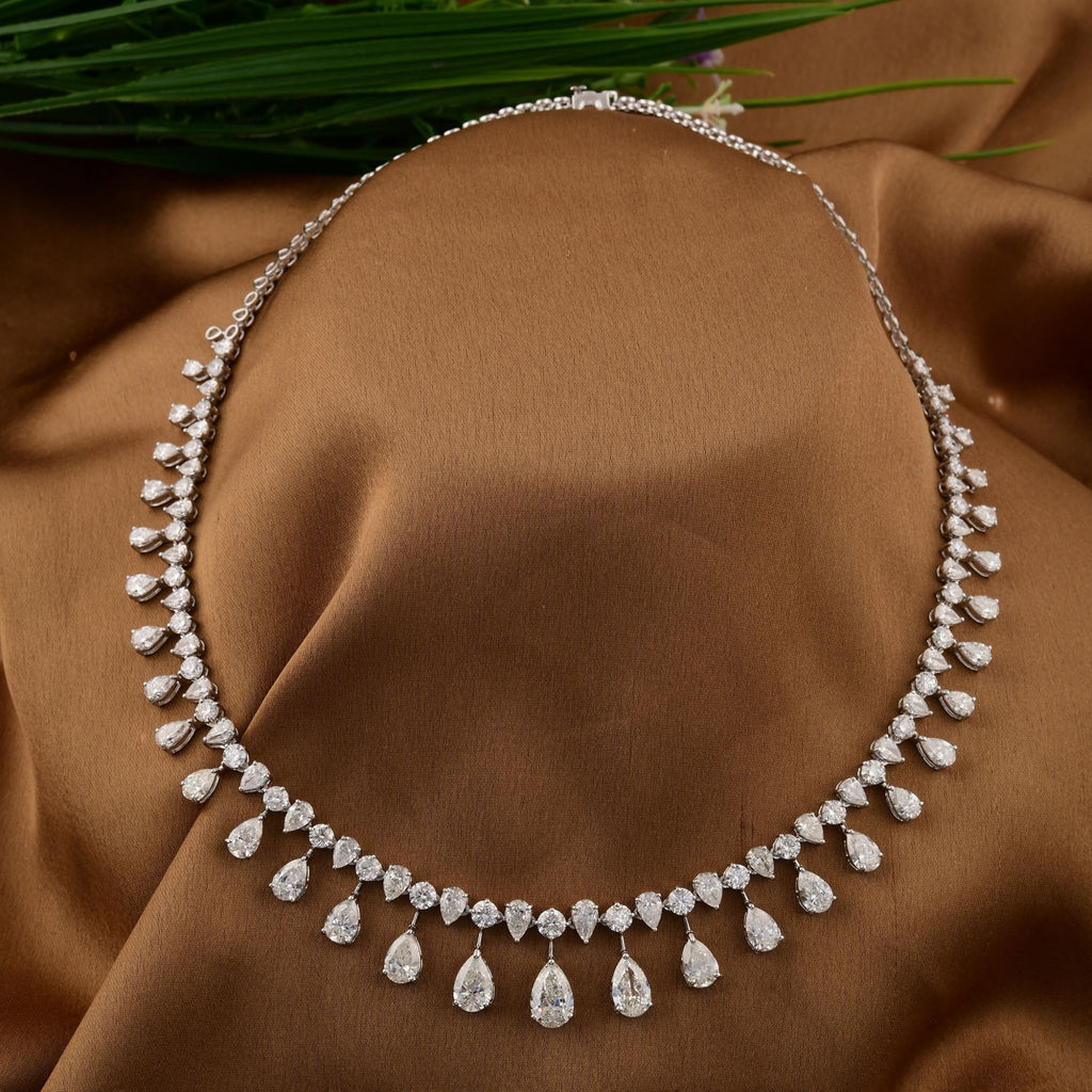 18K Gold Diamond Drop Wedding Necklace Featuring Pear Cut Stones 24.68 Ct