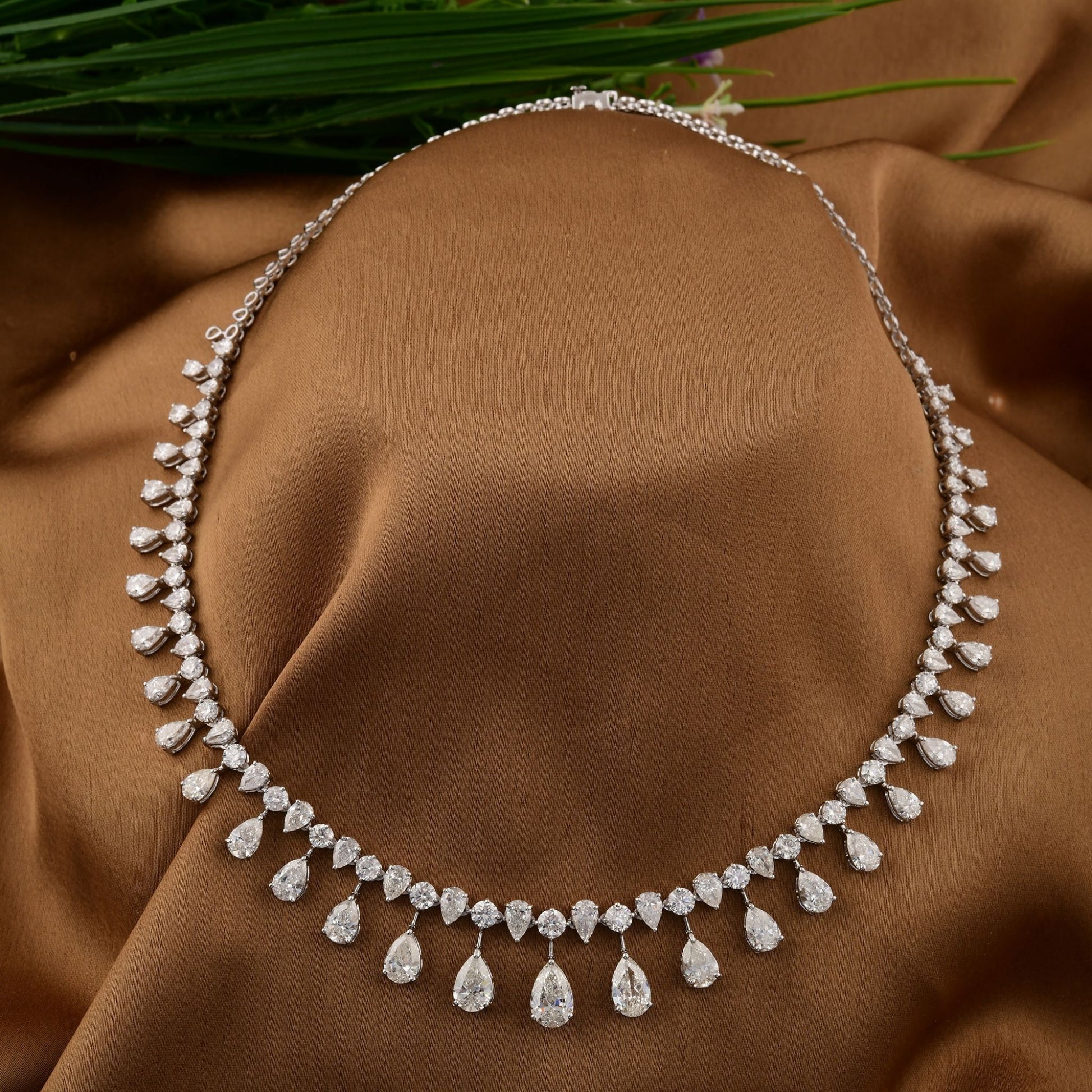 18K Gold Diamond Drop Wedding Necklace Featuring Pear Cut Stones 24.68 Ct