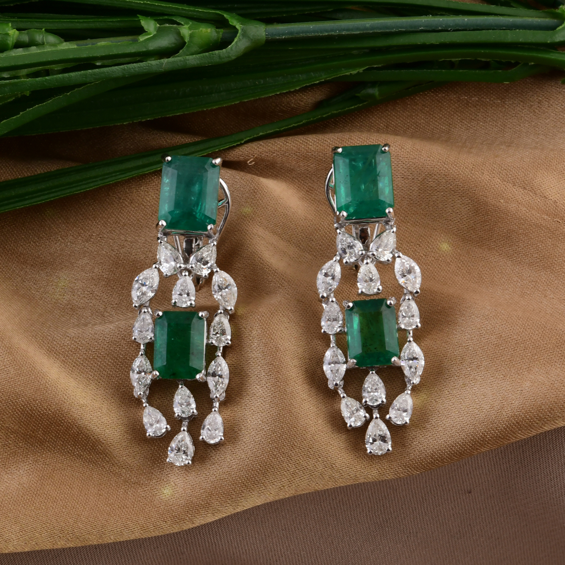 8.12 Ct. Emerald Dangle Earrings in White Gold Diamond Earrings