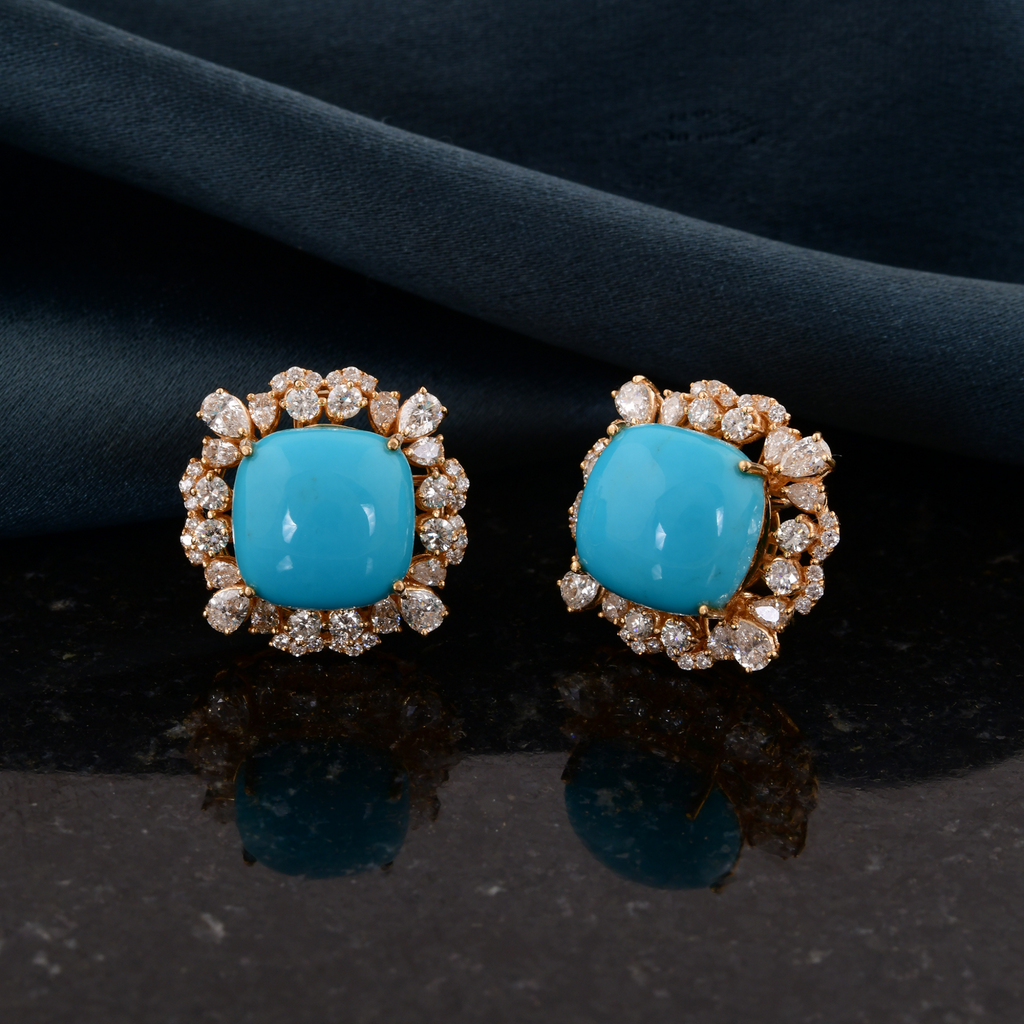 Minimalist Arizona Turquoise 8.14Tcw Real H/SI Diamond Gold Stud Earrings