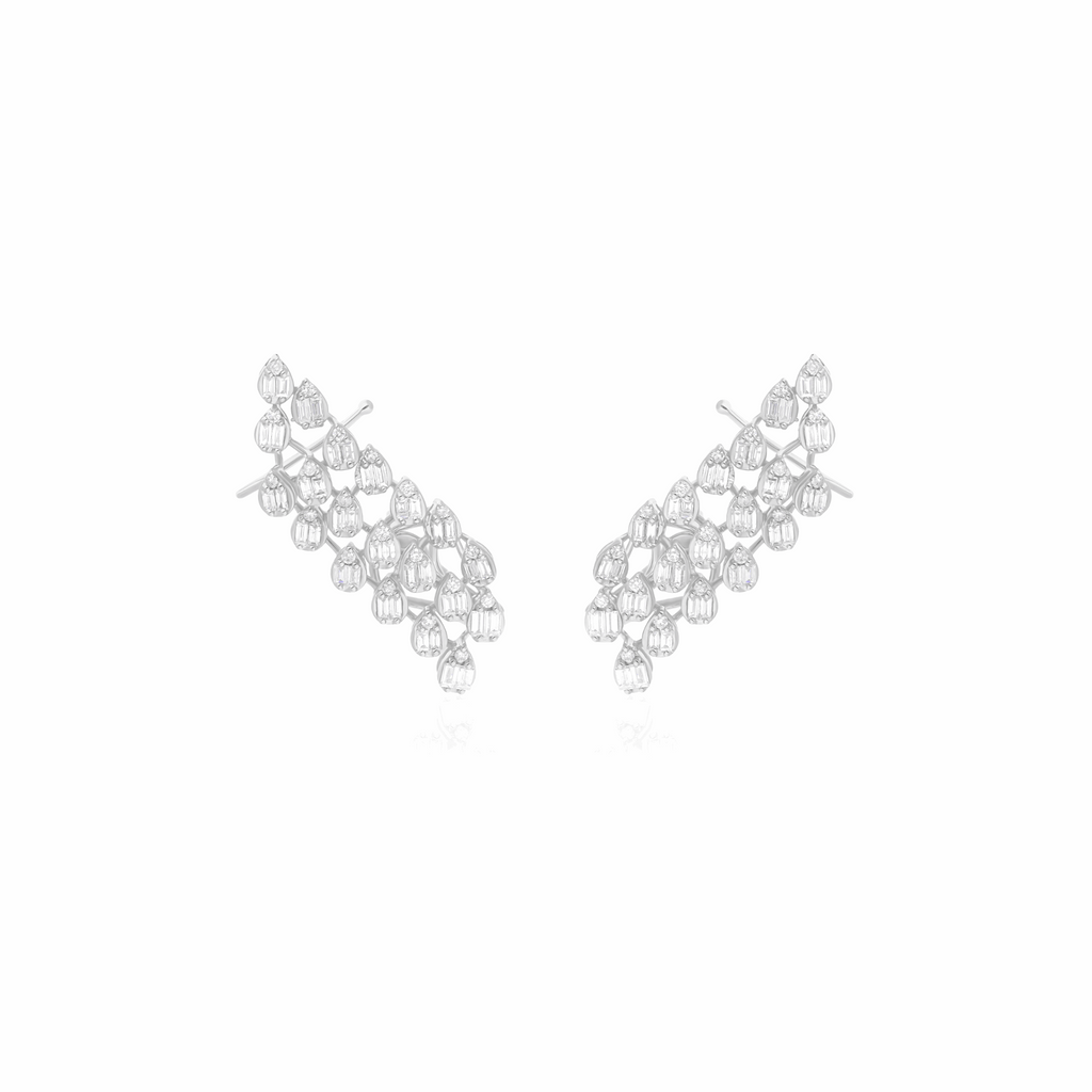 1.33 Ct Natural H/SI Baguettes Diamond Climber Cluster Earrings 18K Gold