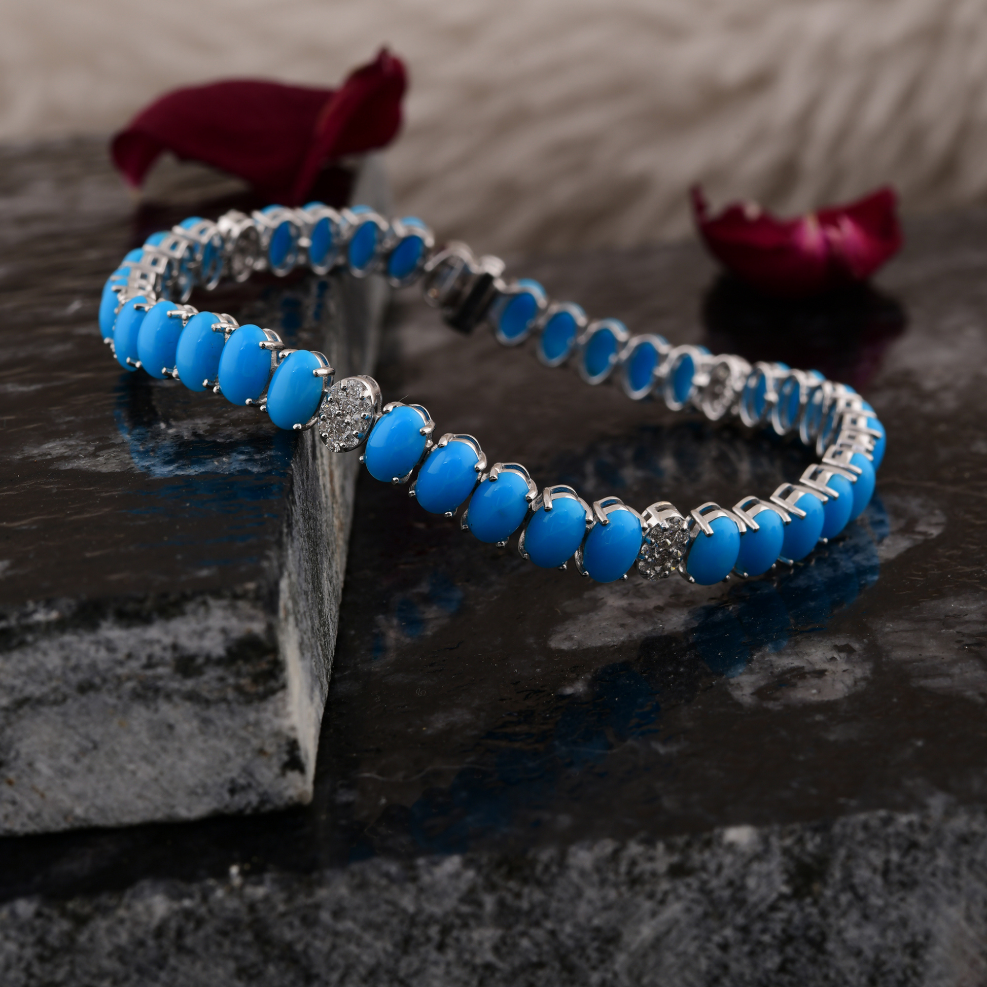 13.60 Tcw Natural HI/SI Round Diamond Turquoise Oval Bracelet Gold Jewelry