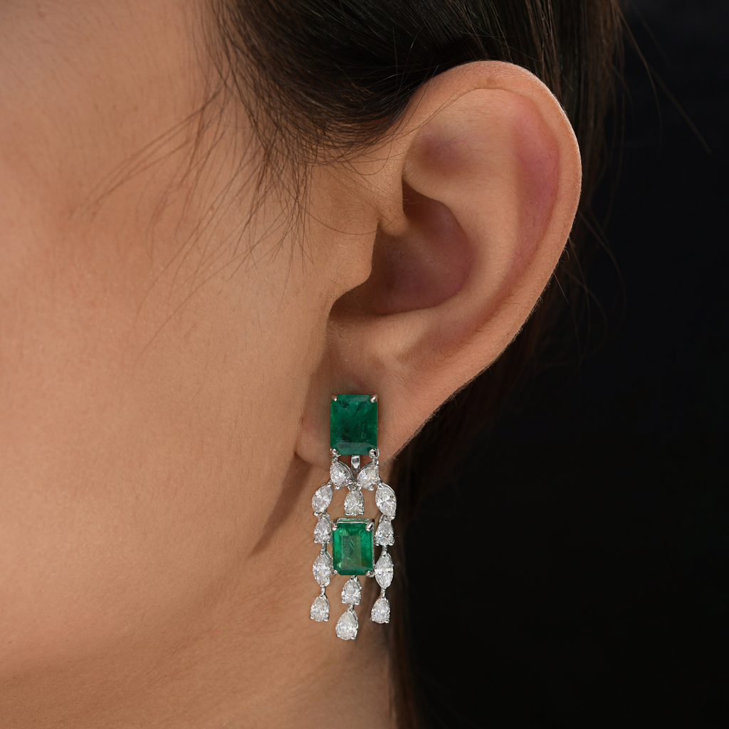 8.12 Ct. Emerald Dangle Earrings in White Gold Diamond Earrings