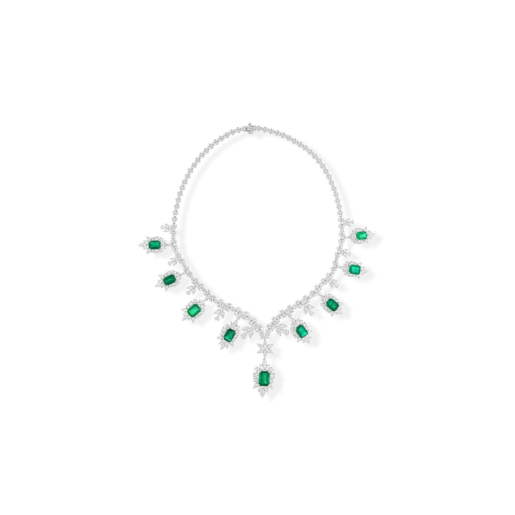 44.74 Tcw Zambian Emerald SI/H Diamond Charm Collar Fine Necklace in 18k Gold