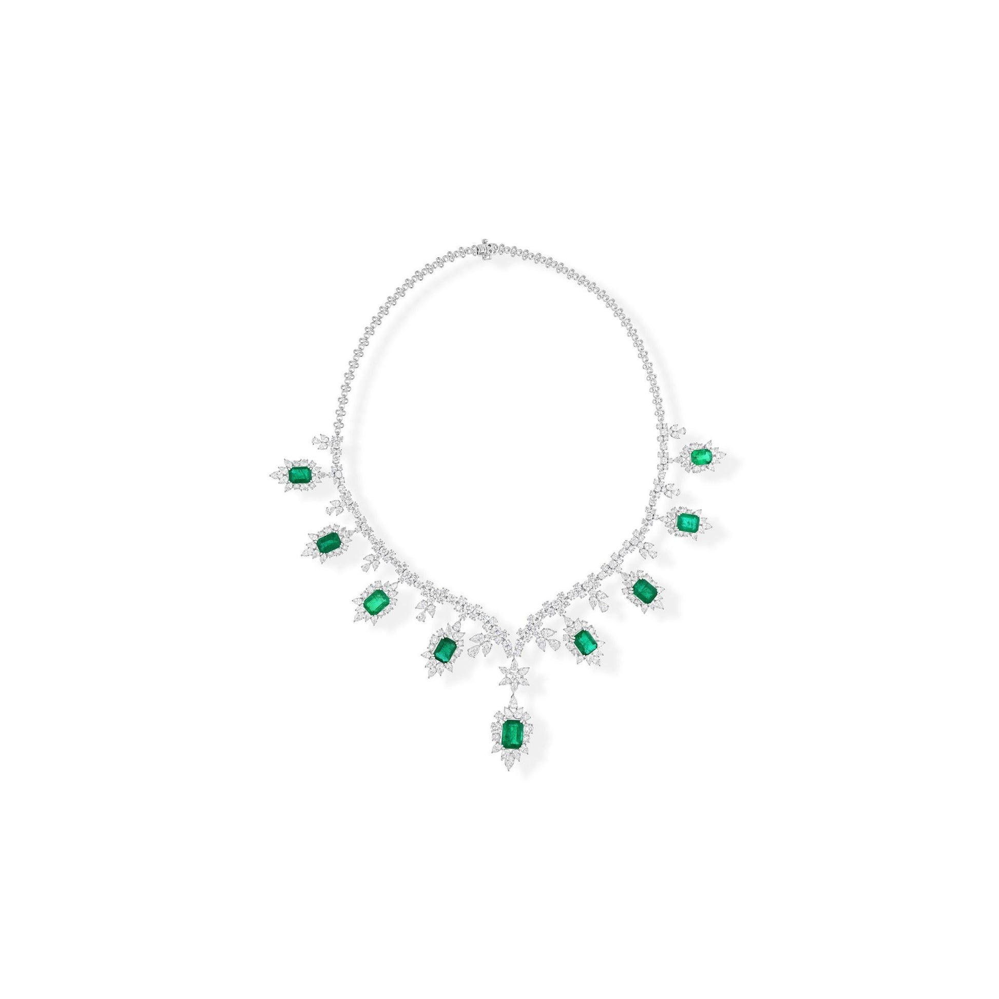 44.74 Tcw Zambian Emerald SI/H Diamond Charm Collar Fine Necklace in 18k Gold