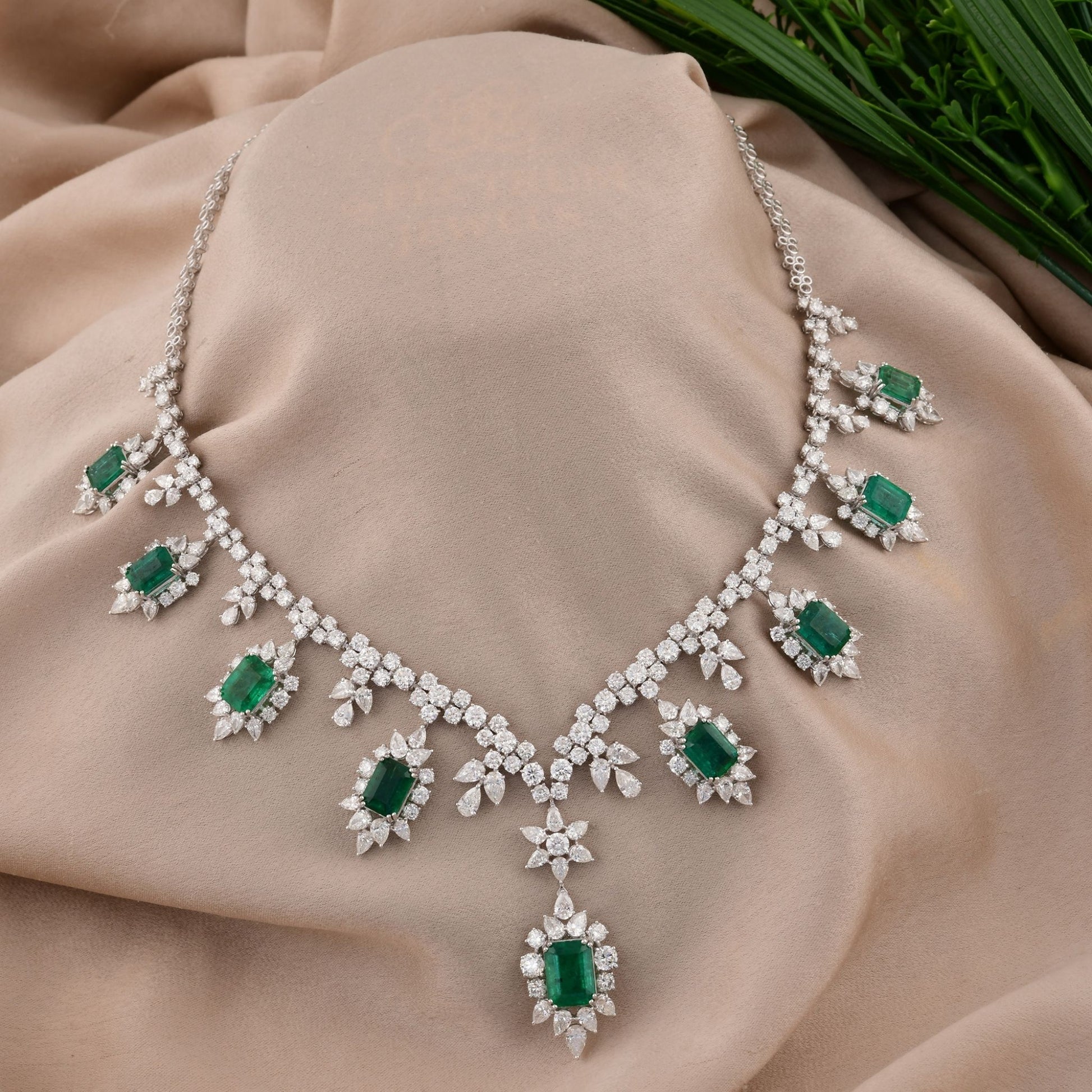 44.74 Tcw Zambian Emerald SI/H Diamond Charm Collar Fine Necklace in 18k Gold