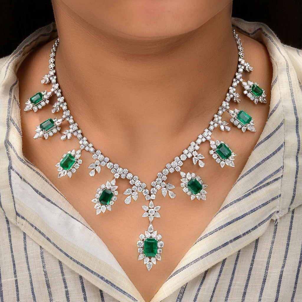 44.74 Tcw Zambian Emerald SI/H Diamond Charm Collar Fine Necklace in 18k Gold
