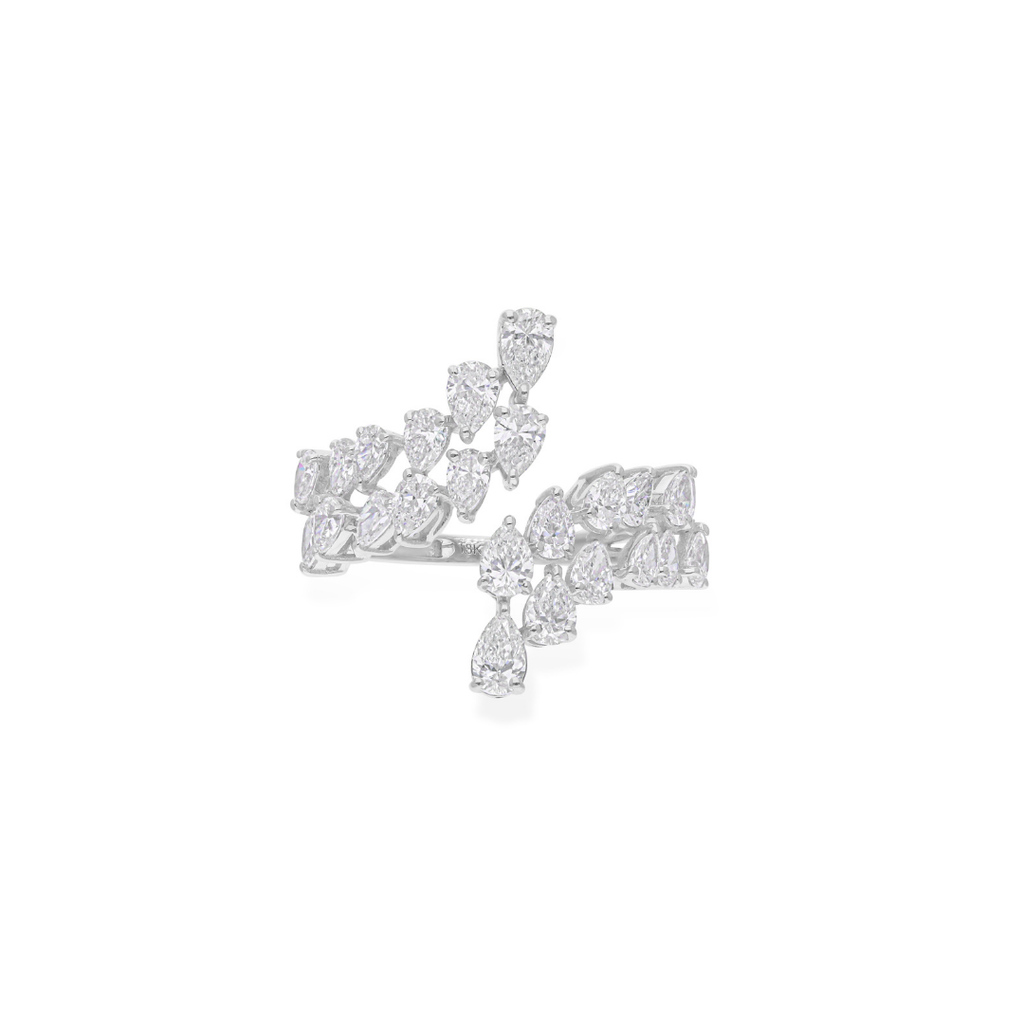 Gold Pear Cut Natural 2.11Ct Diamond Leaf Open Bypass Engagement Ring