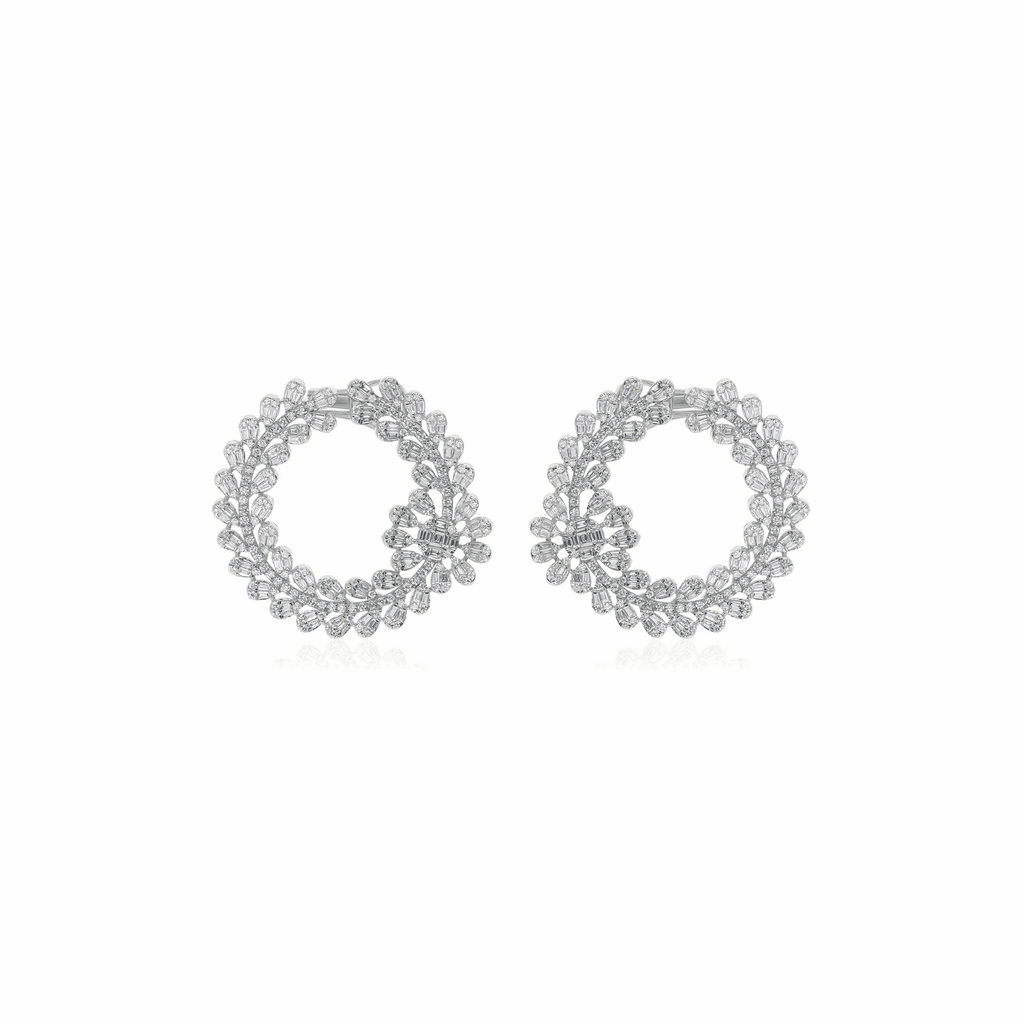 18K Gold 3.37 Ct. Floral Circle Natural Diamond Handmade Earrings