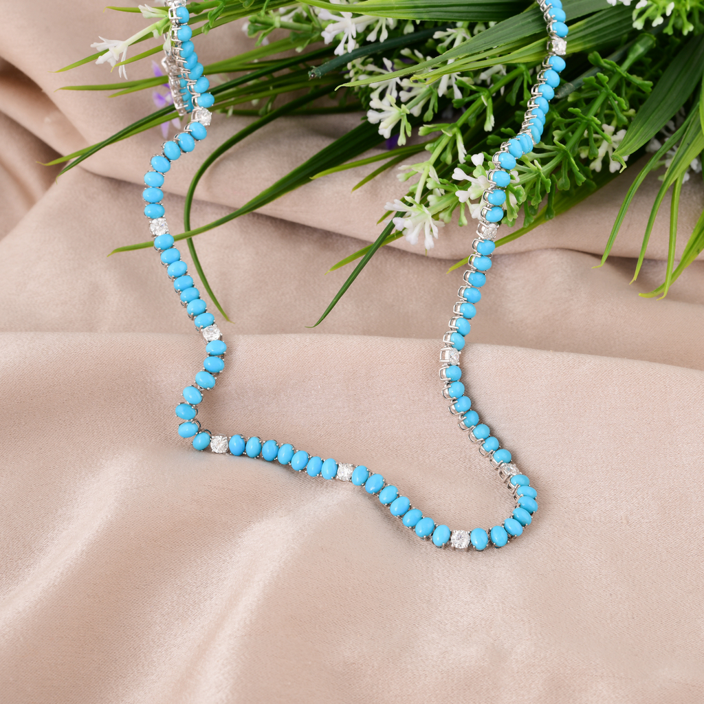 26.55 Tcw SI Clarity HI Color Diamond & Blue Turquoise Stone Tennis Necklace
