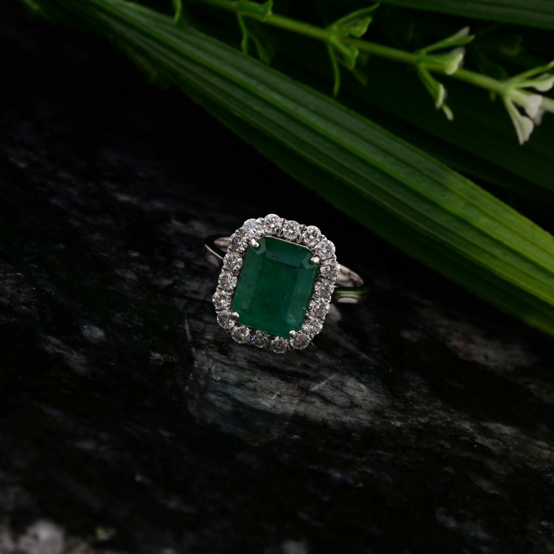 Zambian Emerald Centerpiece Ring with Diamond Halo in Fine Gold