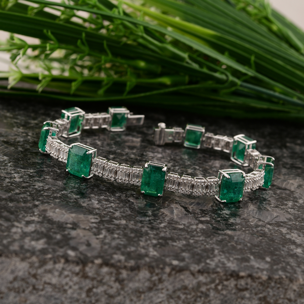 23.31 Tcw Natural SI Clarity HI Color Baguette Diamond Zambian Emerald Bracelet
