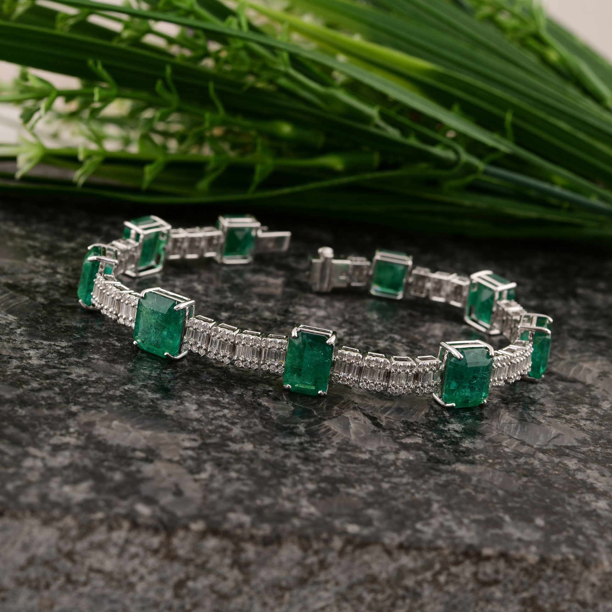 23.31 Tcw Natural SI Clarity HI Color Baguette Diamond Zambian Emerald Bracelet