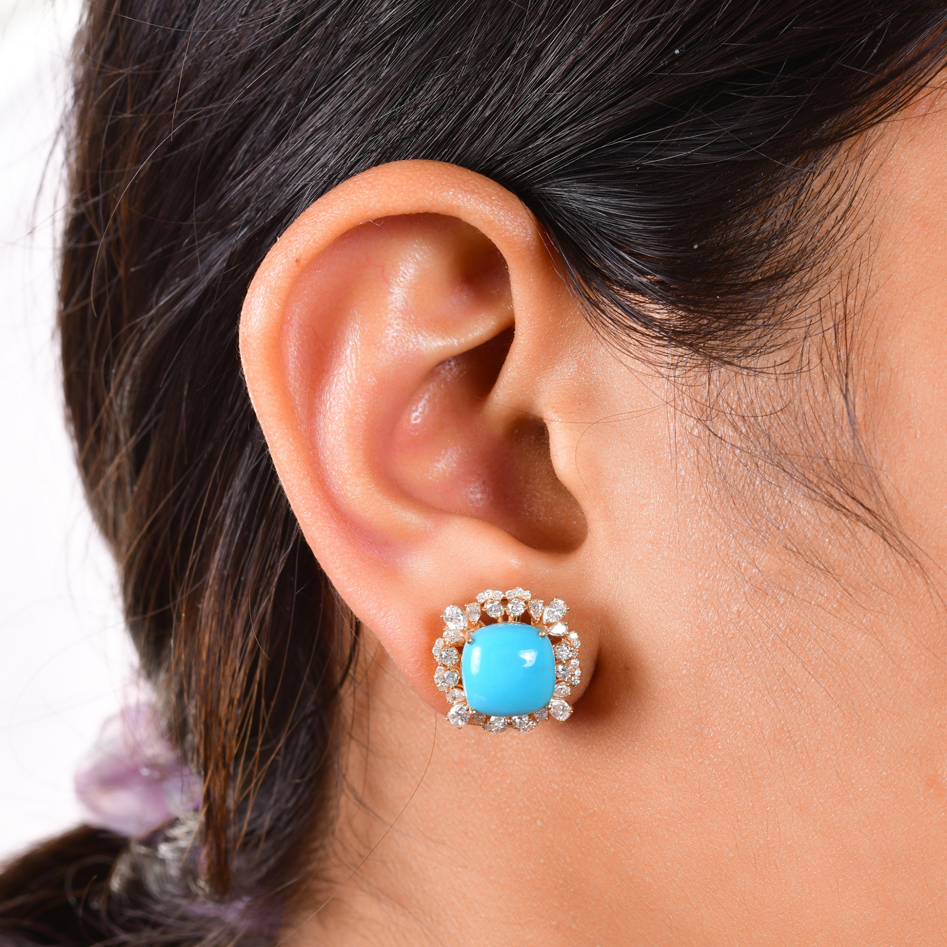 Minimalist Arizona Turquoise 8.14Tcw Real H/SI Diamond Gold Stud Earrings