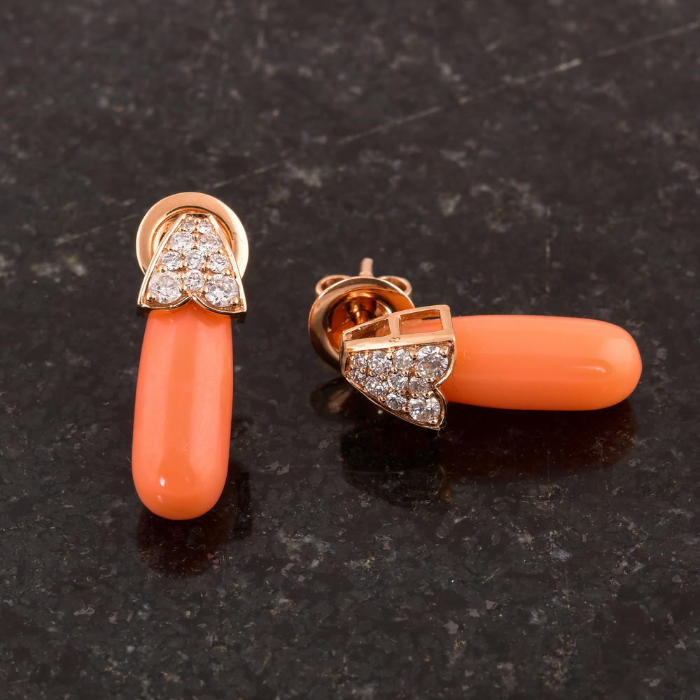 Art Deco Natural Pave Diamond Coral Drop Earrings vibrant natural coral and pave diamond drop earrings inspired by timeless Art Deco design