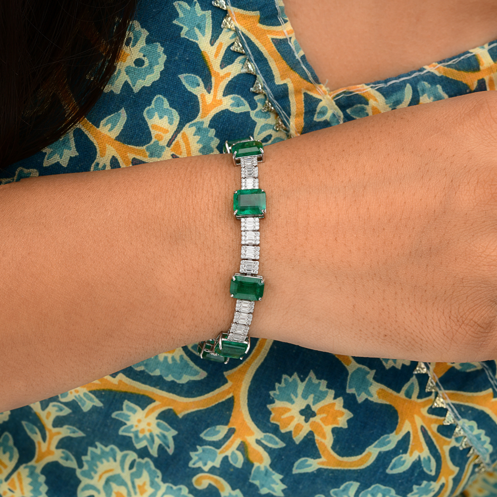 23.31 Tcw Natural SI Clarity HI Color Baguette Diamond Zambian Emerald Bracelet