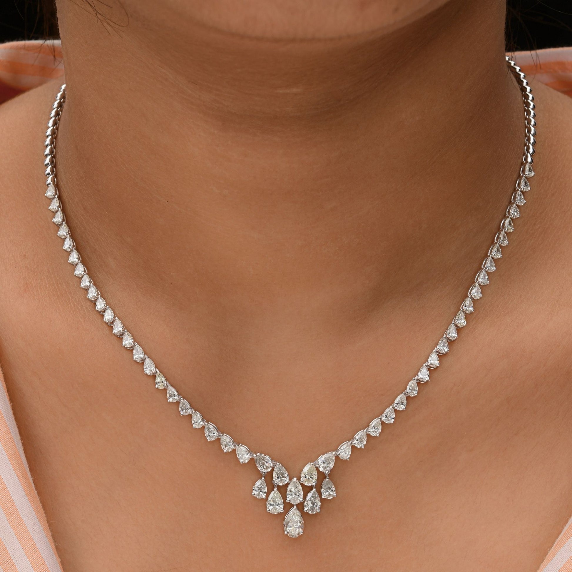 Classic Pear Drop 7.86 Ct Natural Diamond Tennis Necklace in 18k Solid Gold