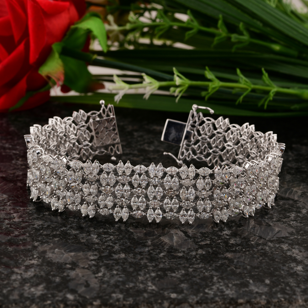 Floral Design 11.15 Carat Marquise Cut Diamond Fine Gold Bracelet