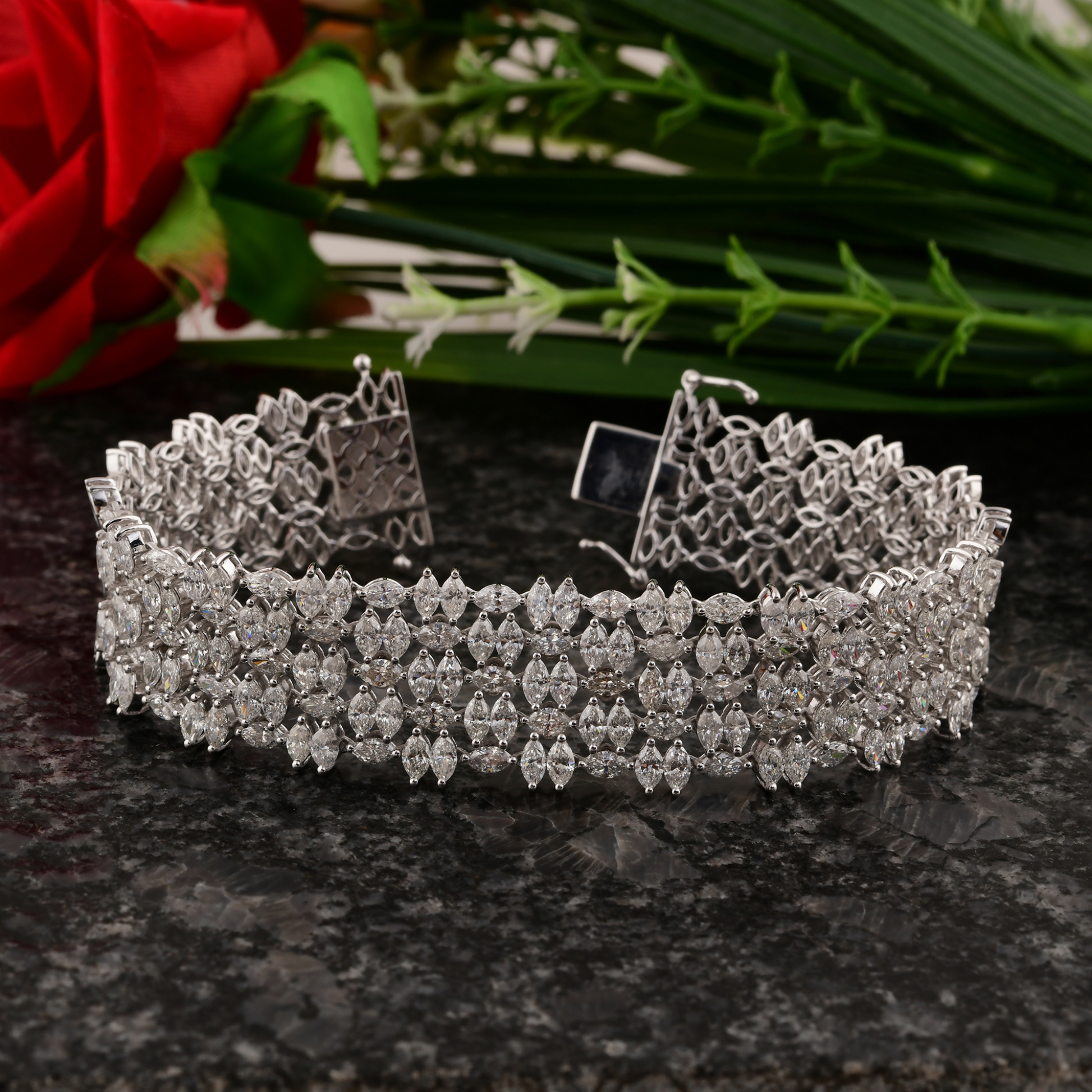 Floral Design 11.15 Carat Marquise Cut Diamond Fine Gold Bracelet