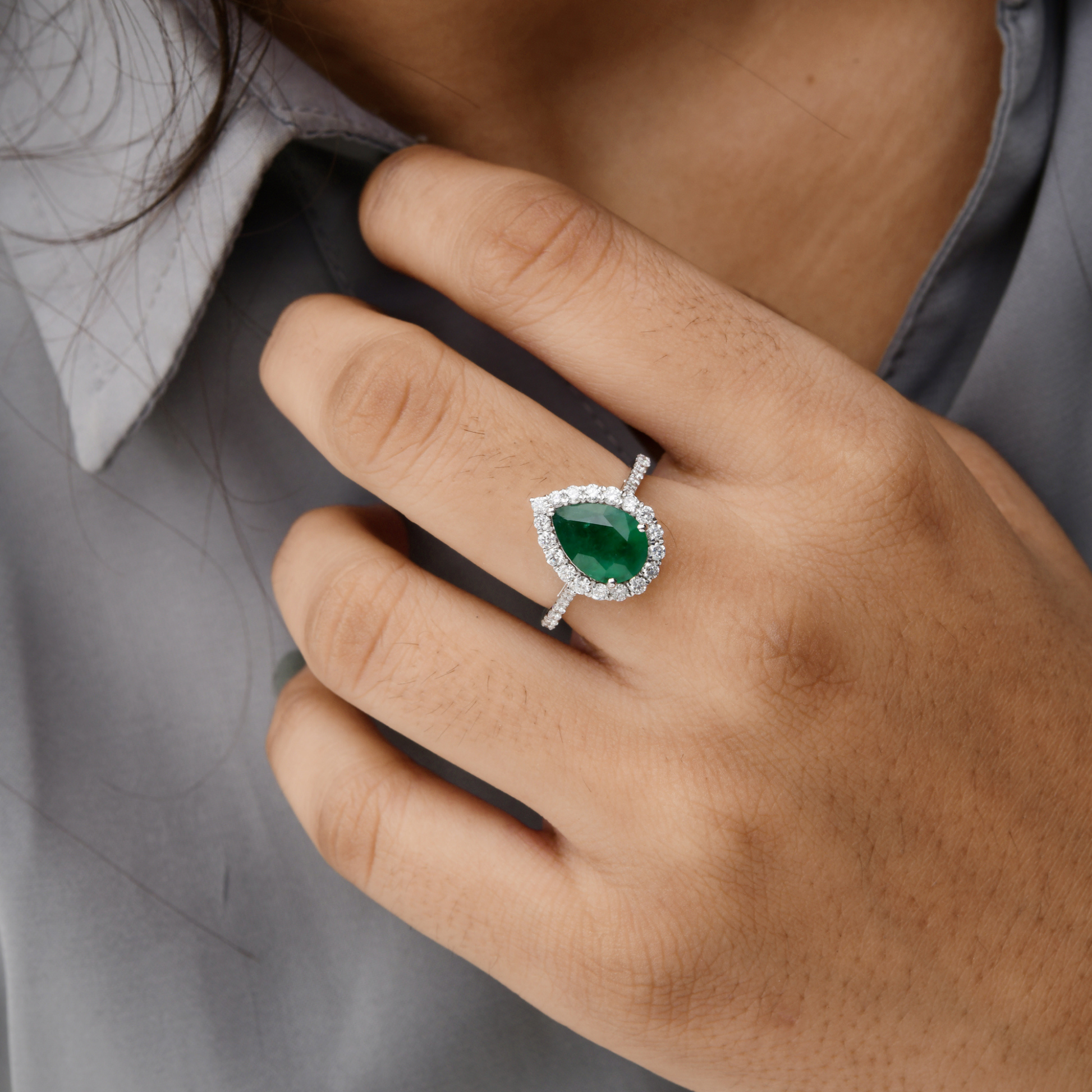 Teardrop Emerald Engagement Ring with Diamond Halo in Fine Gold