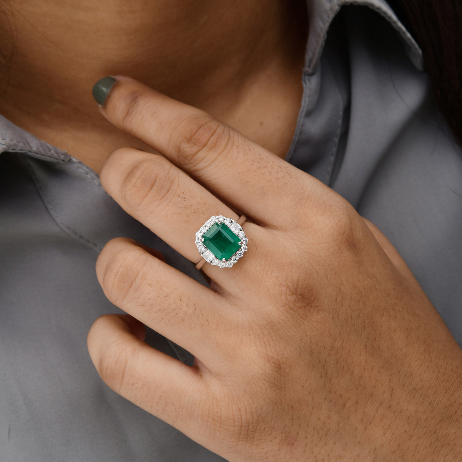 3.28 Tcw HI/SI Real Diamond Zambian Emerald Engagement Gold Ring
