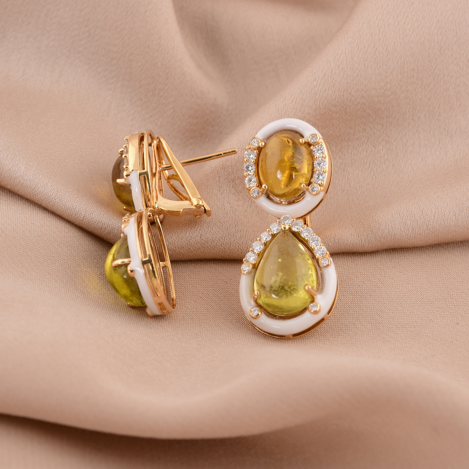15.78Tcw Certified H/SI Diamond Tourmaline Gold Dangle Drop Earrings in White Enamel