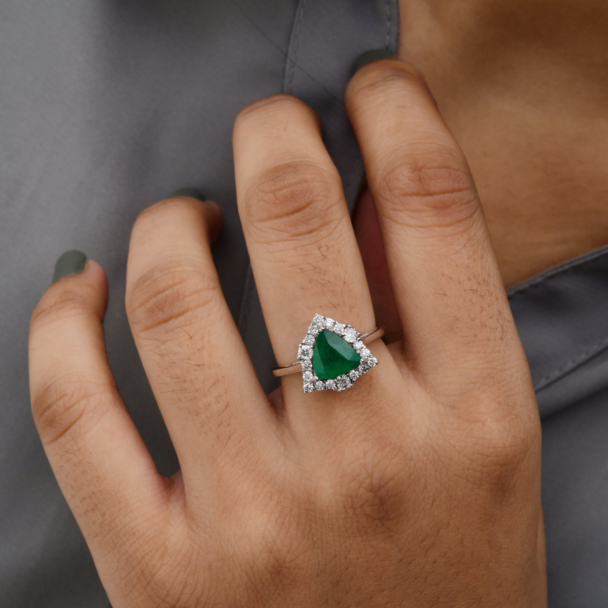 Certified Triangle Shape Zambian Emerald and Diamond Ring