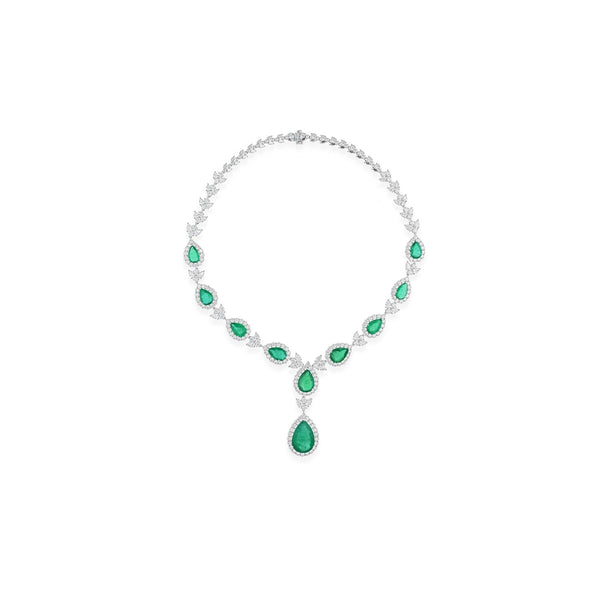 Handmade Teardrop Zambian Emerald Halo Diamond Cluster Necklace