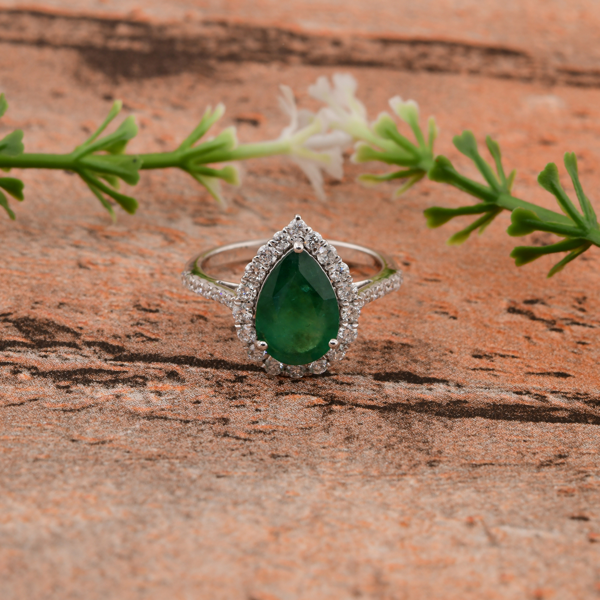 Teardrop Emerald Engagement Ring with Diamond Halo in Fine Gold