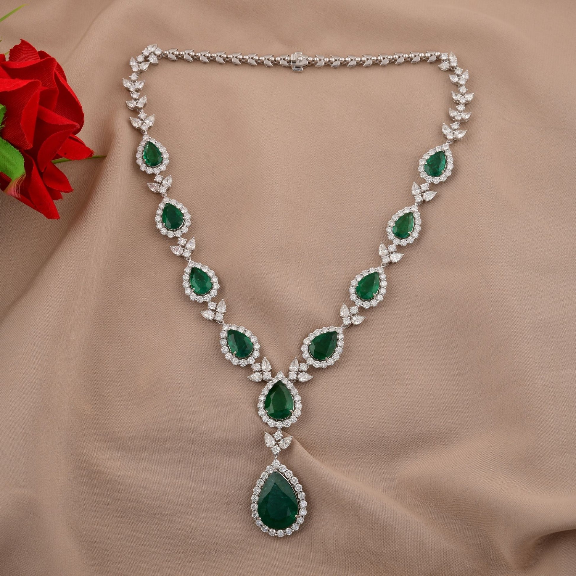 Statement 18k Emerald and Diamond Teardrop Cluster Necklace for Women 50.94 Tcw