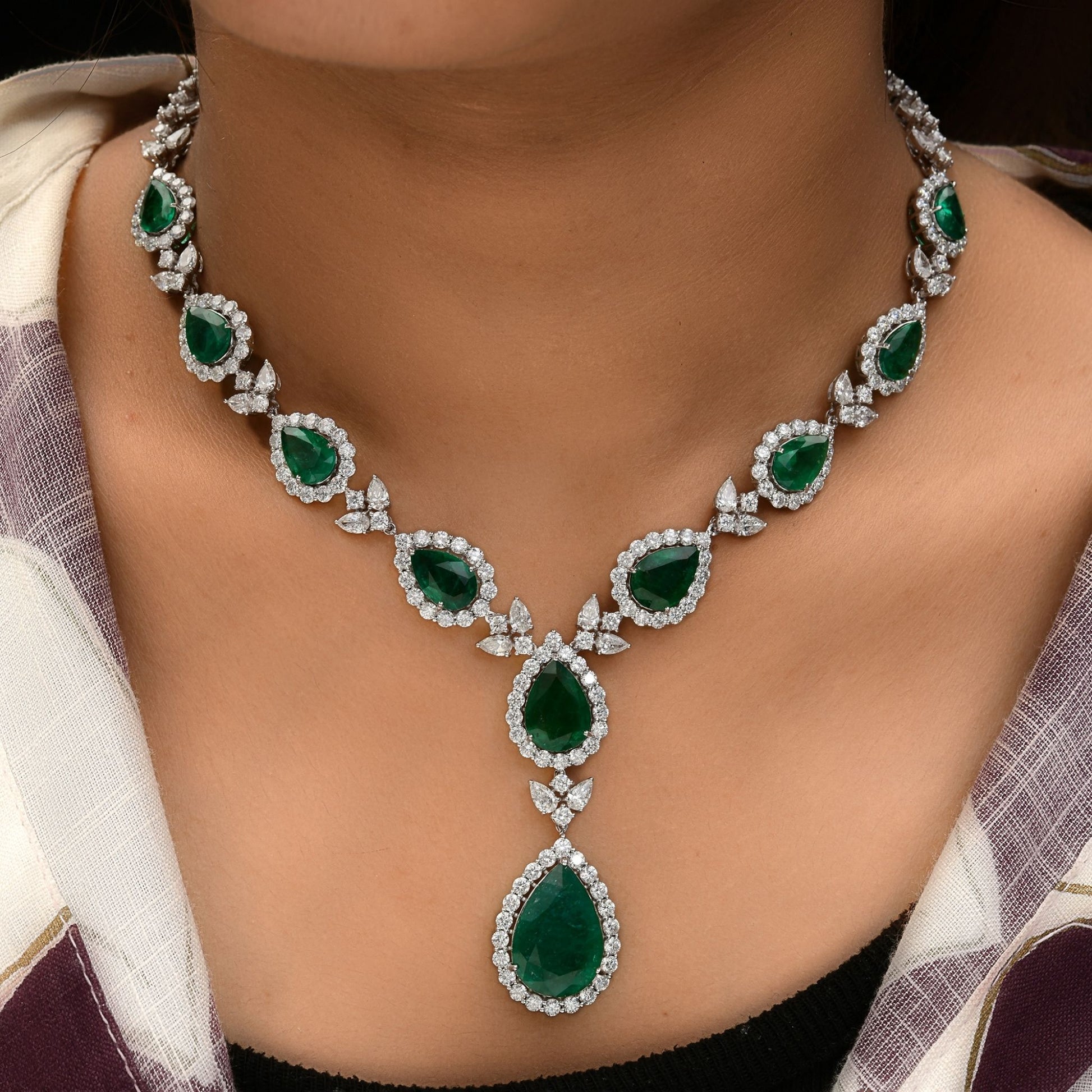 Statement 18k Emerald and Diamond Teardrop Cluster Necklace for Women 50.94 Tcw
